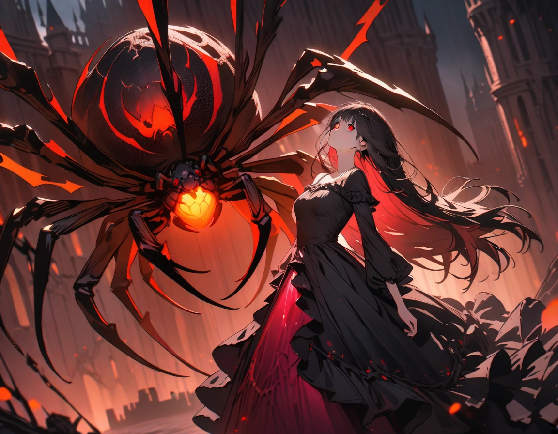 best quality, super fine, 8k, incredibly absurdres, extremely detailed, vivid color, black hair, glowing red eyes, in the darkness, looking up, intense, web, spider, arachne, detailed background, fantasy setting, dark castle background, long hair, flowy, wind, gloomy, dress, frills, dark magic,