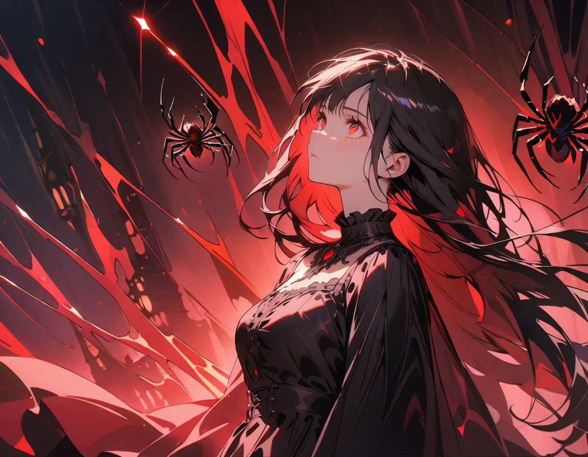 best quality, super fine, 8k, incredibly absurdres, extremely detailed, vivid color, black hair, glowing red eyes, in the darkness, looking up, intense, web, spider, arachne, detailed background, fantasy setting, dark castle background, long hair, flowy, wind, gloomy, dress, frills, dark magic,
