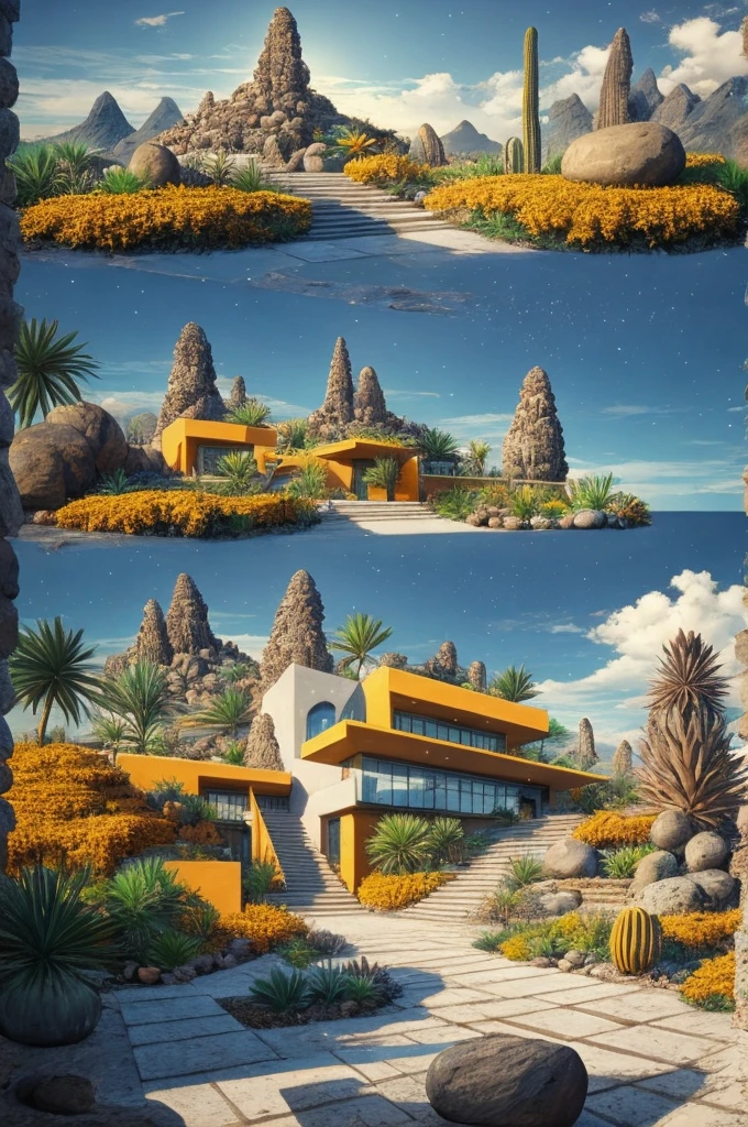 An illustration in collage style, with giant boulders, brutalist building sections, terraces, stairs, cacti, agave, concrete texture, multiple geometric shapes, hatch and cross hatching, planet saturn, volcano, moon, Luis Barragán's architectural style build, milky way galaxy, violet, one motorcycle, An illustration in collage style, with giant boulders, brutalist building sections, stairs, cacti, agave, concrete texture, multiple geometric shapes, hatch and cross hatching, planet saturn, volcano, moon, Luis Barragán's architectural style build, reflective pool, terraces. An elegant and modern build, in top of big boulders, with terraces, materials concrete, wood, steel and crystal, various gardens with tropical vegetation, cacti and rocks, stairs, a pool. In middle of sea, a big wave near, sunset, mountains and a volcano in the horizont, cute islands around, illustration format, cute color palette, detailed, masterpiece, award-winning work, clouds, Illustration, a garden with abundant cacti, ((various organic sculptures)), ((big rocks)), (((multiple sections))), collage style, detailed, (((color palette (olive green), (Mustard orange), cool grey, ((blue)), black and white))), (((a lot Luis barragán's architecture style builds))) big clouds, volcano in horizon, stairs, in the desert. ((masterpiece, best quality)),illustration,ultra detailed 8k, ((Ori Toor visual style)),soviet, megabuildings, megastructures, buildings, organic steel sculpture