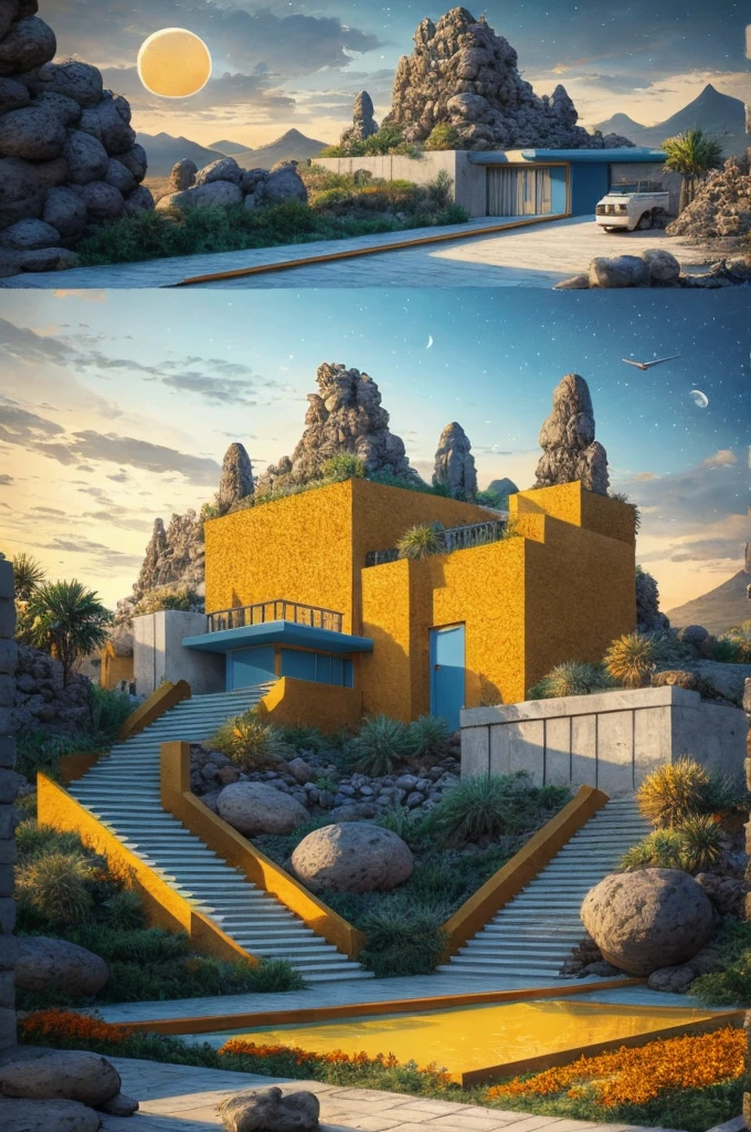An illustration in collage style, with giant boulders, brutalist building sections, terraces, stairs, cacti, agave, concrete texture, multiple geometric shapes, hatch and cross hatching, planet saturn, volcano, moon, Luis Barragán's architectural style build, milky way galaxy, violet, one motorcycle, An illustration in collage style, with giant boulders, brutalist building sections, stairs, cacti, agave, concrete texture, multiple geometric shapes, hatch and cross hatching, planet saturn, volcano, moon, Luis Barragán's architectural style build, reflective pool, terraces. An elegant and modern build, in top of big boulders, with terraces, materials concrete, wood, steel and crystal, various gardens with tropical vegetation, cacti and rocks, stairs, a pool. In middle of sea, a big wave near, sunset, mountains and a volcano in the horizont, cute islands around, illustration format, cute color palette, detailed, masterpiece, award-winning work, clouds, Illustration, a garden with abundant cacti, ((various organic sculptures)), ((big rocks)), (((multiple sections))), collage style, detailed, (((color palette (olive green), (Mustard orange), cool grey, ((blue)), black and white))), (((a lot Luis barragán's architecture style builds))) big clouds, volcano in horizon, stairs, in the desert. ((masterpiece, best quality)),illustration,ultra detailed 8k, ((Ori Toor visual style)),soviet, megabuildings, megastructures, buildings, organic steel sculpture