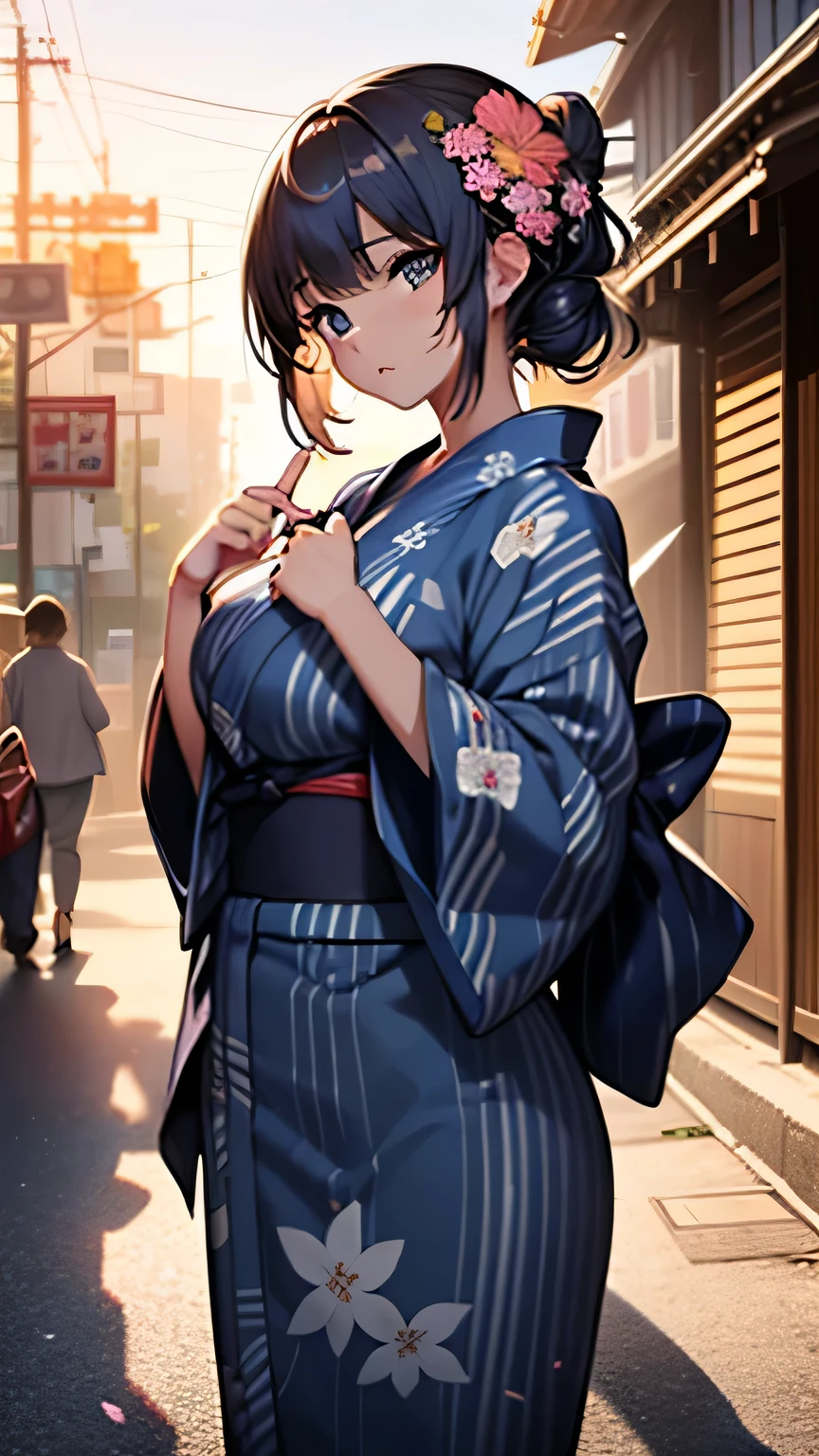 (Very detailed CG Unity 8k wallpaper),(masterpiece), (Highest quality), (Super detailed), (Best illustrations),(Best Shadow), Very detailed,Large Breasts, Highest quality、Complete limbs、Full Finger、Slender beauty、(Navy blue yukata:1.3)、Floral Yukata、Summer festival、It's crowded with many people、Food stalls line、Shrine grounds、Beautiful Large Breasts、Big smile、Playing with a yo-yo、Sexy pose、Night Sky、Soaring、walking