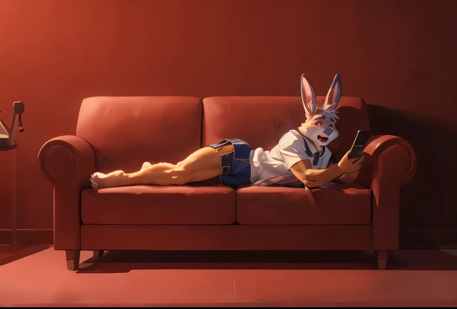 (((Barefoot furry character, full body, cinematic setting, furry male, plantigrade))) 

Cornelius, purple fur muscular bunny, lying on sofa, open mouth, ((drooling)), ((hypnotic red glow in his eyes)), hypnotised by cell phone

BREAK, intricate details, highly detailed, extreme detail, octane render, fine art, best quality, highres, (detailed face:1.5), ((full_body)), UHD, (((perfect hands))), low light