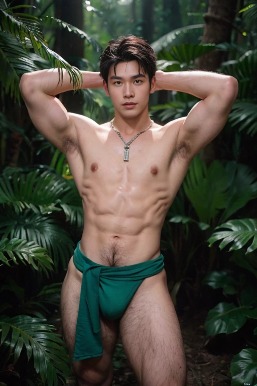 (Ultra realistic),Detailed realistic,a handsome asian muscular young man, forest guardian, godly presence, young god, 18 years old, taking care of plants, beautiful, smooth dark brown hair, detailed eyes, big eyes, green eyes, soft smile, big muscles, wearing loincloth, big bulge, bulge, realistic, masterpiece, highest quality, perfect lightings, perfect hands, pubic hair, hairy body, abdominal hair, armpit hair, chest hair, (, realistic skin, olive skin), dark nipples, outdoors, dark magical forest, fireflies, bioluminescent shrooms , ultra realism , ultra photorealism , full length shot(fls) ,thighs , tall boy