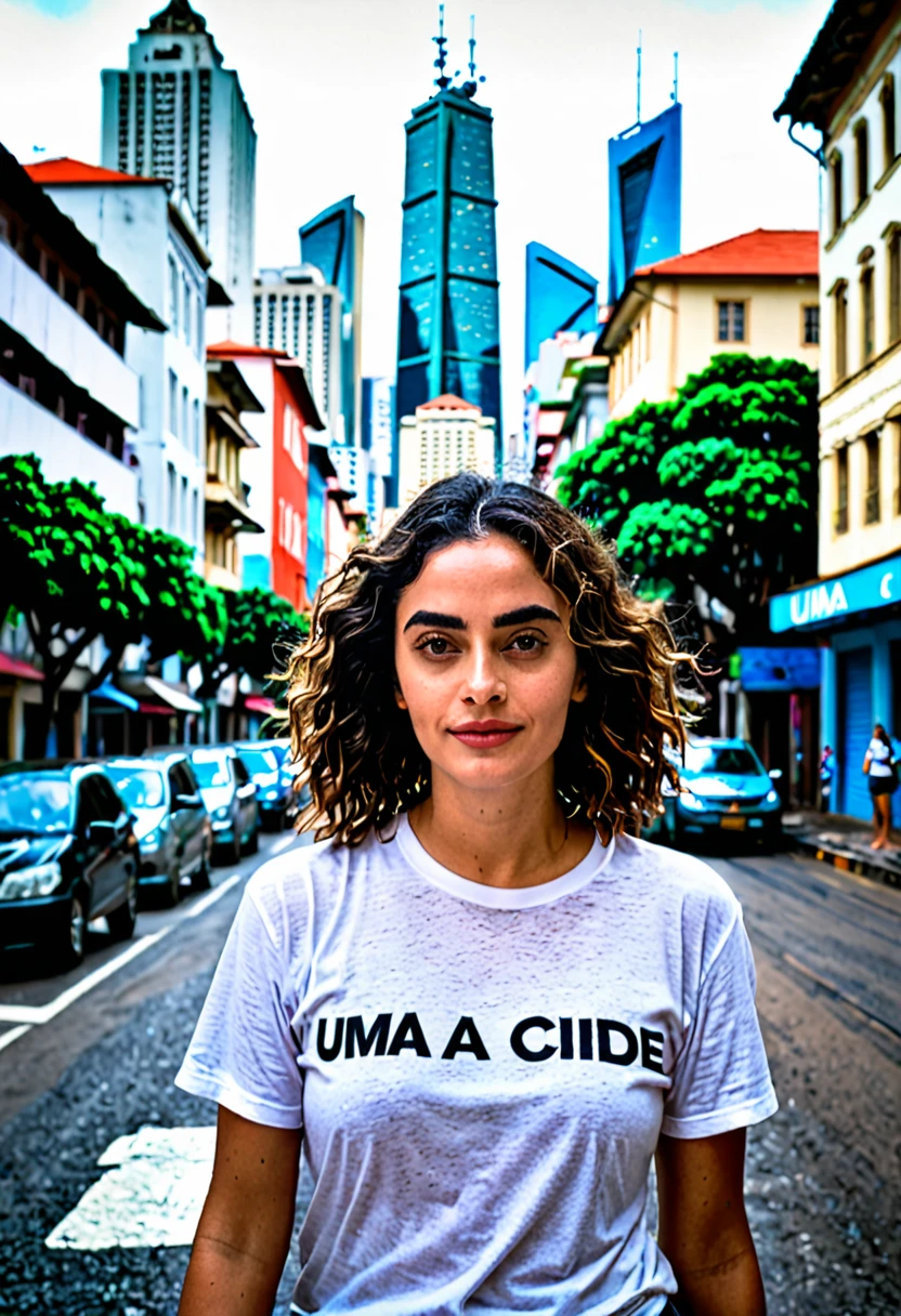 dc comics style 20 year old black woman mysterious expression with styled hair and undercut with black eyes kind of dyke is also very sporty, excellent swimmer wearing a white summer camp t-shirt with Alto da Serra written in dark red gym dc comics style dc comics style