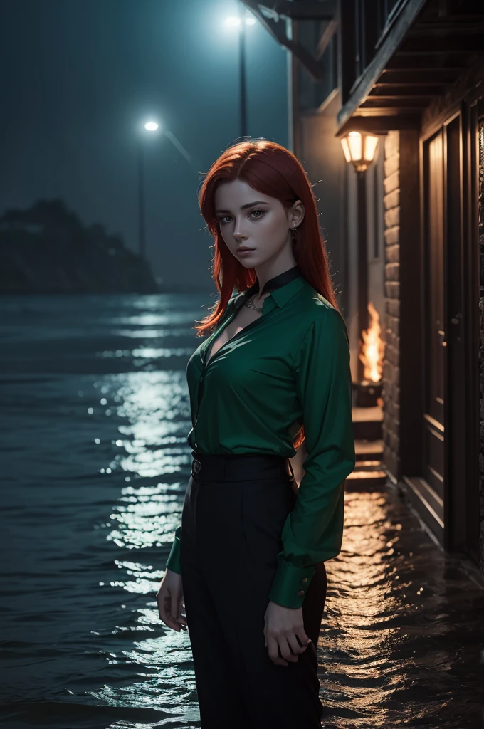 girl with red hair wearing a green blouse and black pants in a dark place with a dagger with fire at the throat of a boy standing in front of her as he looks at her in admiration. The boy's hair is brown and he is wearing a suit. cada um com adaga na garganta do outro, Ela confiante  e ele admirado
Dark, beautiful, beautiful place, night. Rain. water. Dark, luzes amarelas Digital art. realist