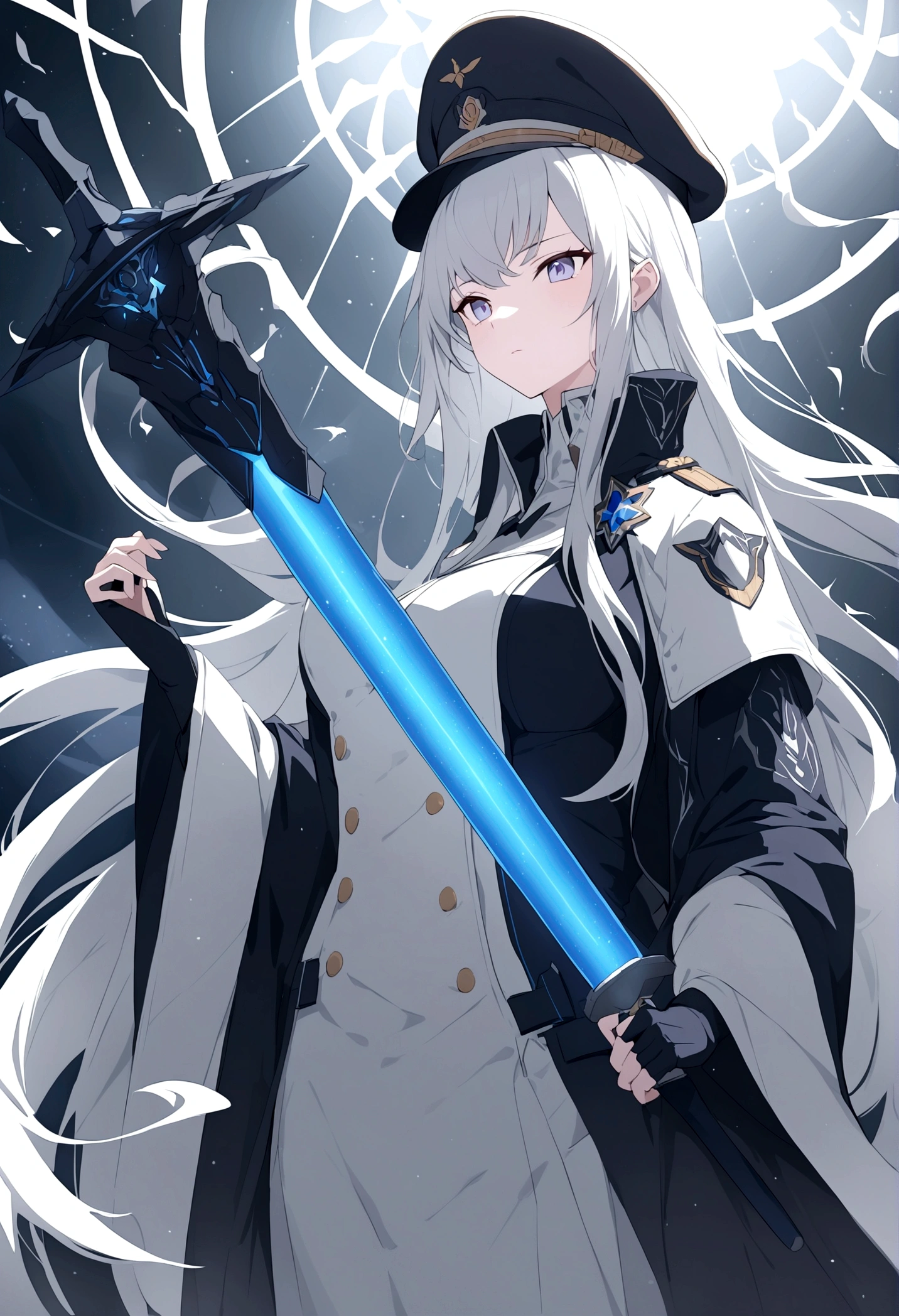 Visualize a female galactic military commander, a figure of authority and strategy, leading her vast fleet into the heart of battle. Her hair is a striking white, with strands of blue that add an otherworldly beauty to her appearance. She is dressed in a modern high tech uniform that speaks to her rank, complete with a commander’s hat that signifies her leadership. Draped over her shoulders is a dark blue robe, flowing and regal, a contrast to the starkness of space. In her hand, she holds a legendary sword that radiates with a soft blue light, symbolizing her prowess and the ancient power she commands. The commander stands firm in the midst of an intergalactic conflict, her face set in a serious expression that reveals her unwavering resolve and the weight of command. Her presence alone commands respect and exudes the confidence of a seasoned war leader.
