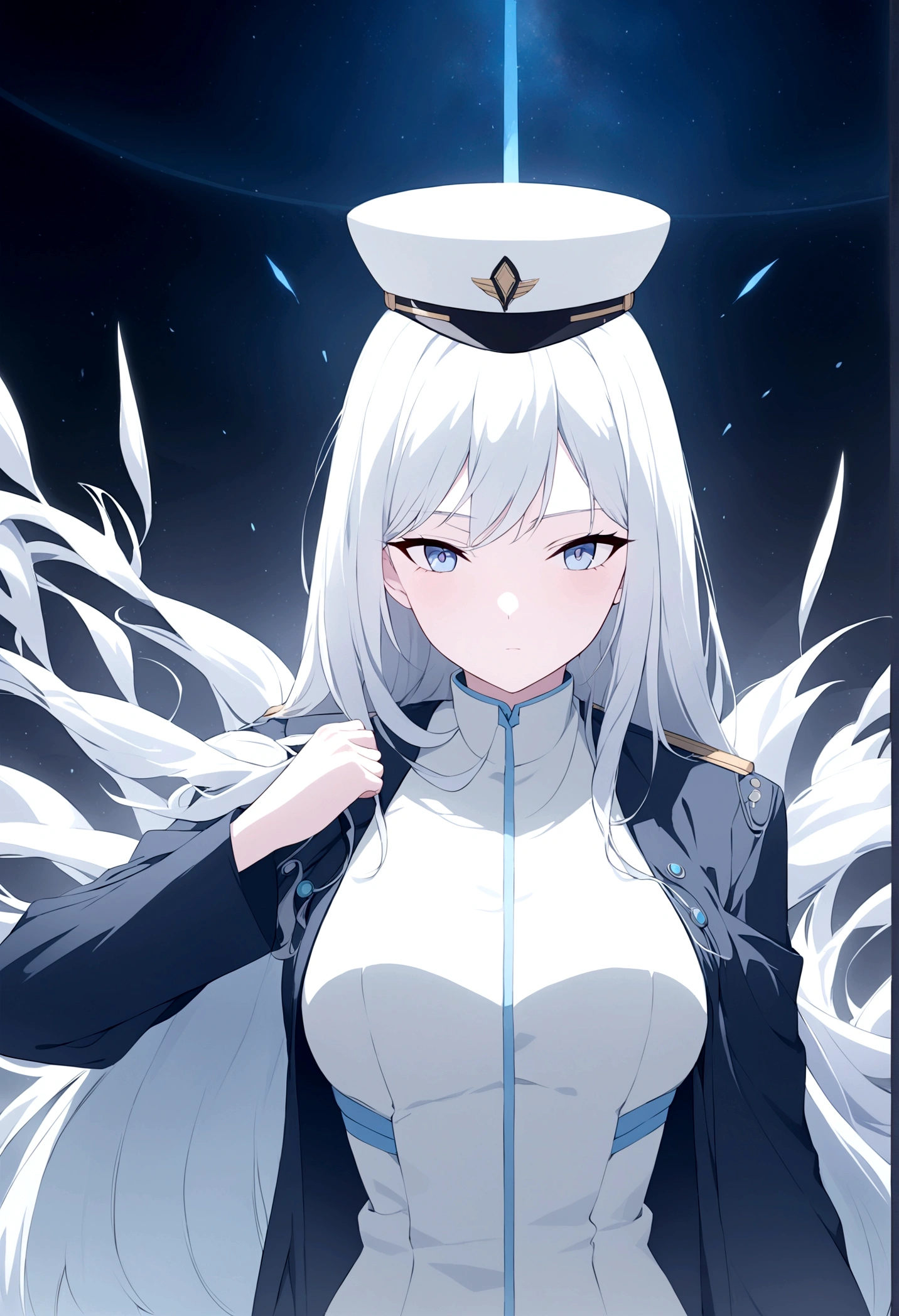 Visualize a female galactic military commander, a figure of authority and strategy, leading her vast fleet into the heart of battle. Her hair is a striking white, with strands of blue that add an otherworldly beauty to her appearance. She is dressed in a modern high tech uniform that speaks to her rank, complete with a commander’s hat that signifies her leadership. Draped over her shoulders is a dark blue robe, flowing and regal, a contrast to the starkness of space. In her hand, she holds a legendary sword that radiates with a soft blue light, symbolizing her prowess and the ancient power she commands. The commander stands firm in the midst of an intergalactic conflict, her face set in a serious expression that reveals her unwavering resolve and the weight of command. Her presence alone commands respect and exudes the confidence of a seasoned war leader.