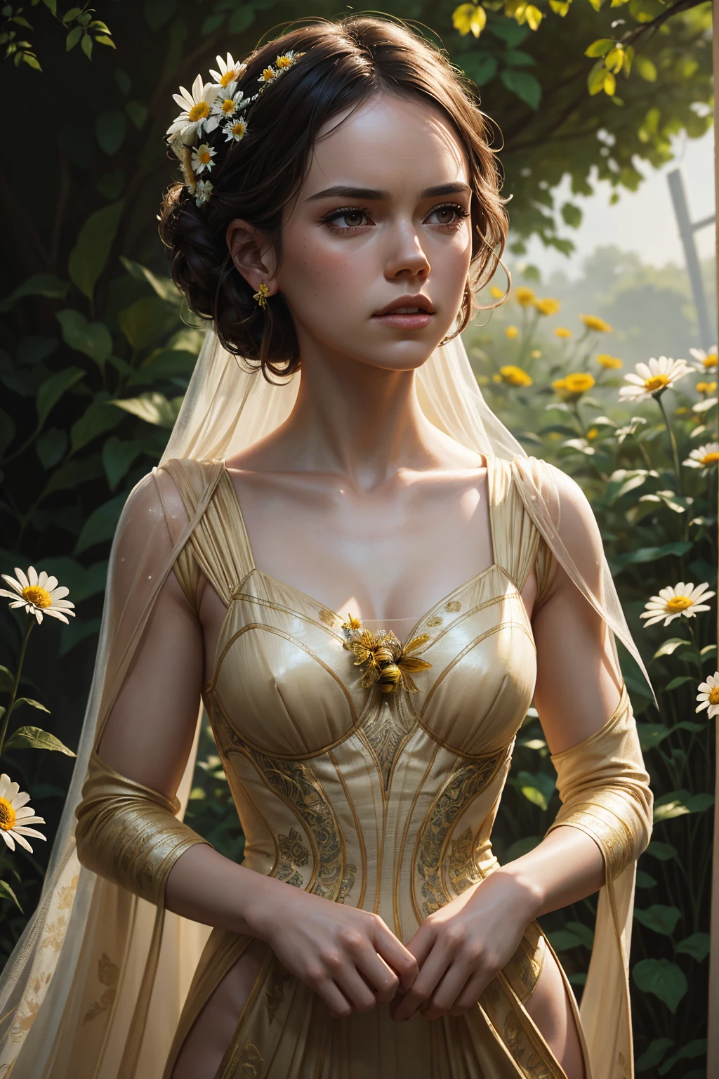 Daisy Ridley, wearing nude bee costume, against the background of the garden, character portrait, 3 9 9 0 s, long hair, intricate, elegant, highly detailed, digital painting, artstation, concept art, smooth, sharp focus, illustration, art by wlop, charlie bowater and alexandra fomina, 36k