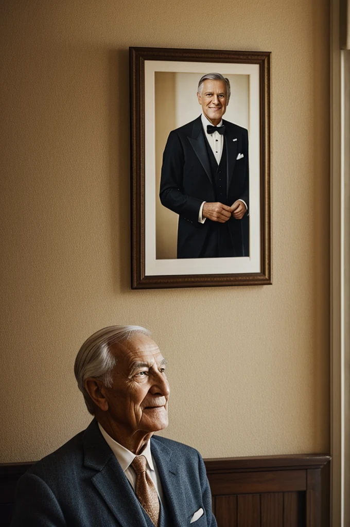 Lively gentleman looking at his portrait when he was young in picture on his wall

