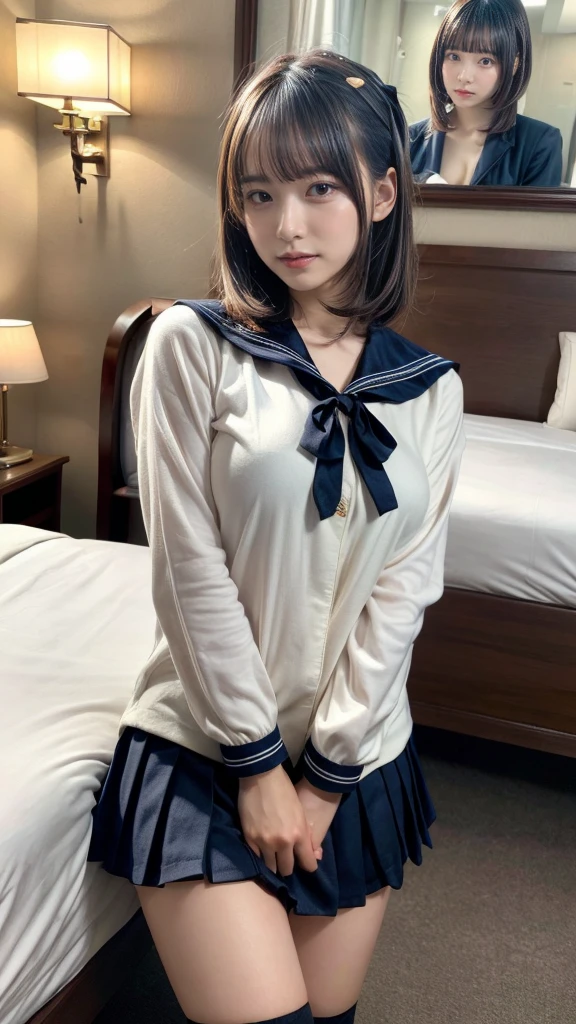 masterpiece, best quality, illustration, Super detailed, fine details, High resolution, 8K,wall paper, perfect dynamic composition,(Details High quality, realistic depiction of eyes:1.3), short hair, Black Sailor Uniform, serafuku, Navy pleated skirt, huge breasts, black hair color, Big Natural Color Lip, bold sexy pose, crying a little、 Harajuku style、20 year old girl、cute type、lolita、beautiful legs, hotel room, full body photo、focus on crotch, hposing Gravure Idol