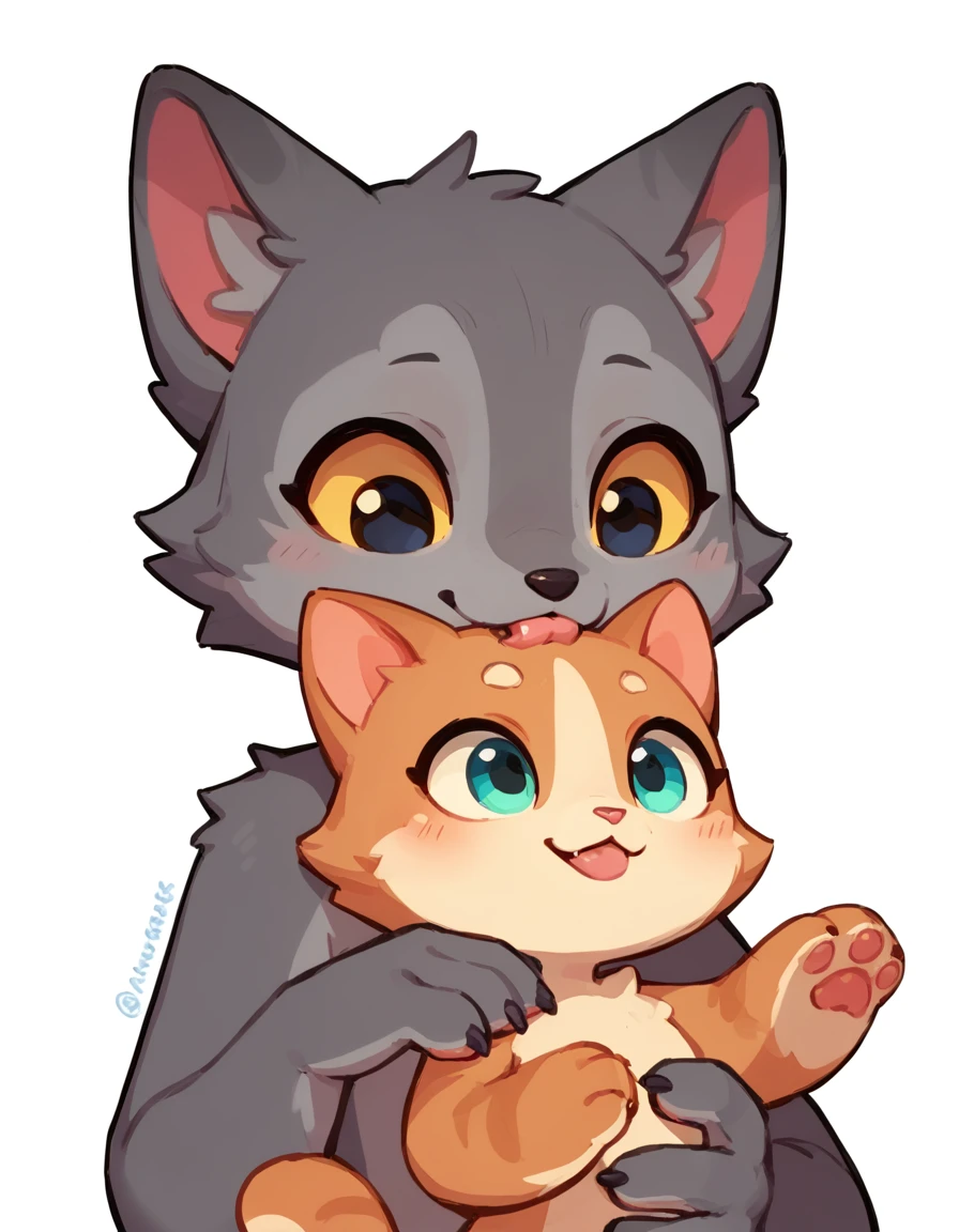 The Q version of the cute furry cat licking a furry wolf, romantic, cute, love, white background