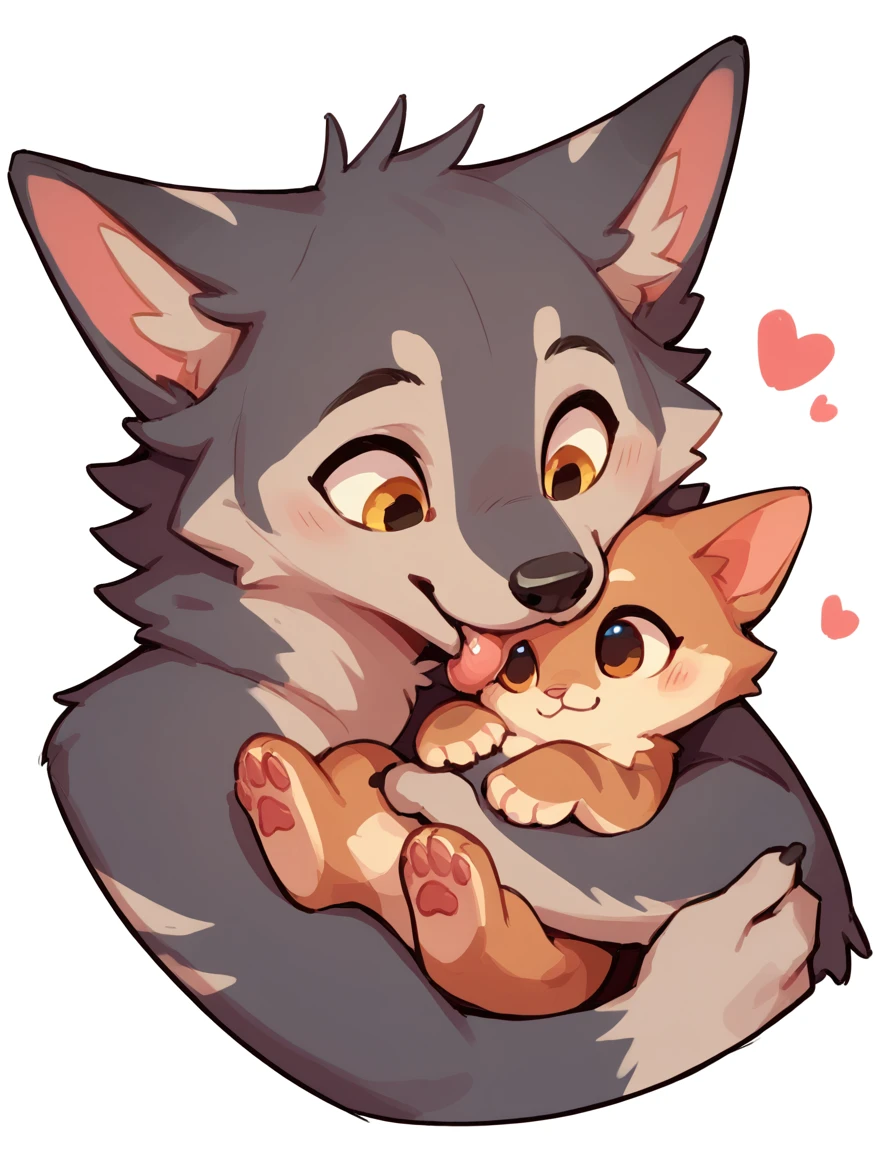 The Q version of the cute furry cat licking a furry wolf, romantic, cute, love, white background