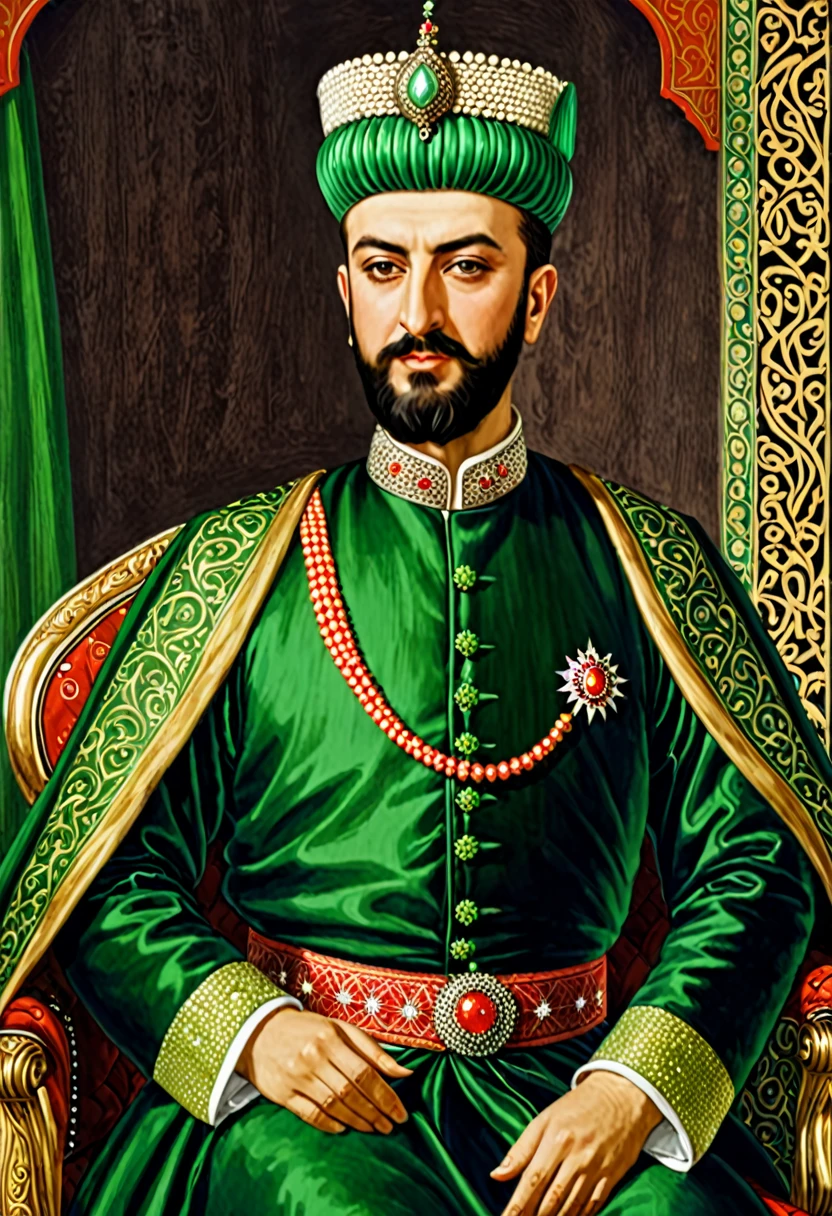 Middle Ages, sultan suleiman, Cabelos curto, turco, Ottoman Empire, lindo, de roupa cara, coroa e um anel verde