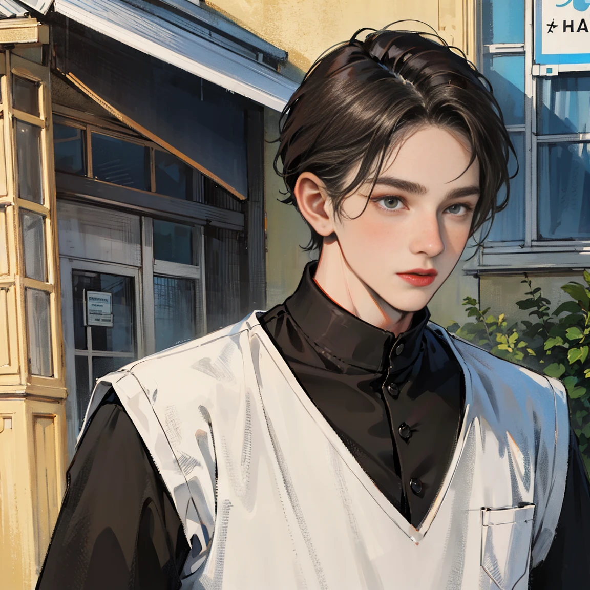 Ultra-realistic CG ,((premium、8k、32K、masterpiece)), (Ultra-thin illustration)、(Ultra-high resolution), (((One 21-year-old man:1.5))), Brooklyn's Gladiadores, (( Short Hair Bob )), Casual clothing、Ripped rugby team t-shirt, Short blonde, Dark red with white stars and blue and white stripes, (((Image from the knees up))), Short white blonde hair, In the background、 Intricate designs painted by Shepard Fairey