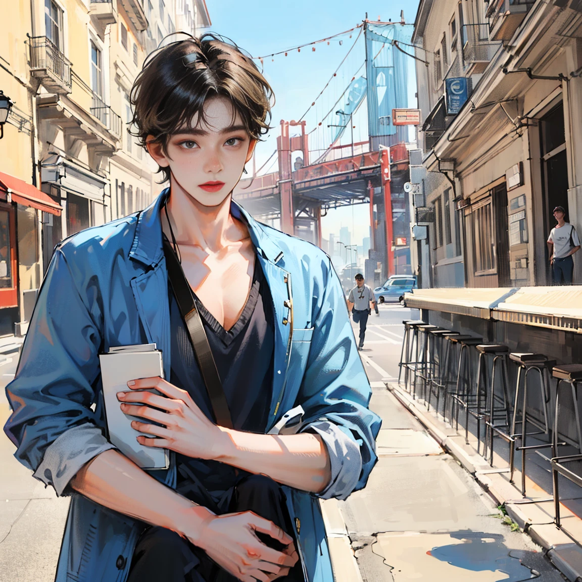 Ultra-realistic CG ,((premium、8k、32K、masterpiece)), (Ultra-thin illustration)、(Ultra-high resolution), (((One 21-year-old man:1.5))), Brooklyn's Gladiadores, (( Short Hair Bob )), Casual clothing、Ripped rugby team t-shirt, Short blonde, Dark red with white stars and blue and white stripes, (((Image from the knees up))), Short white blonde hair, In the background、 Intricate designs painted by Shepard Fairey