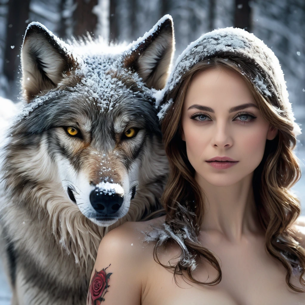 4k highly detailed realistic digital extremely high quality RAW photograph, a portrait photo of Nataliya Poklonskaya that lived with wolves her whole life is now leading them to battle. torn clothes exposing (nude:1.4) body, armored pauldrons, fangs, curled horns, big breasts, ((snow and blood)), ((wolf tattoos)), epic, hyperrealistic, hyperrealism, 8k, cinematic lighting, greg rutkowski, wlop, (f1.8 short focus bokeh)