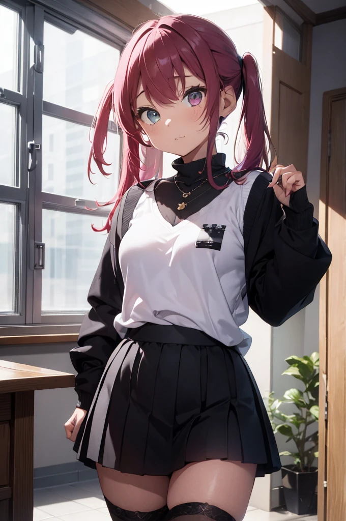 ((Work of art)), 4k, 1 woman, alone, long pink hair, navy blue eye color, eyes with details of numbers 0101010, dark skin color, black skirt with white stripes, wearing black thin socks, black ankle boots, pink long-sleeved sweater, with a necklace with the discord symbol, looking at the screen, camera nearby, she is connected to several wires, dark room scenario, some PC tiles in the background, futuristic scenario, album cover of idol, pose dinamica , dynamic camera.