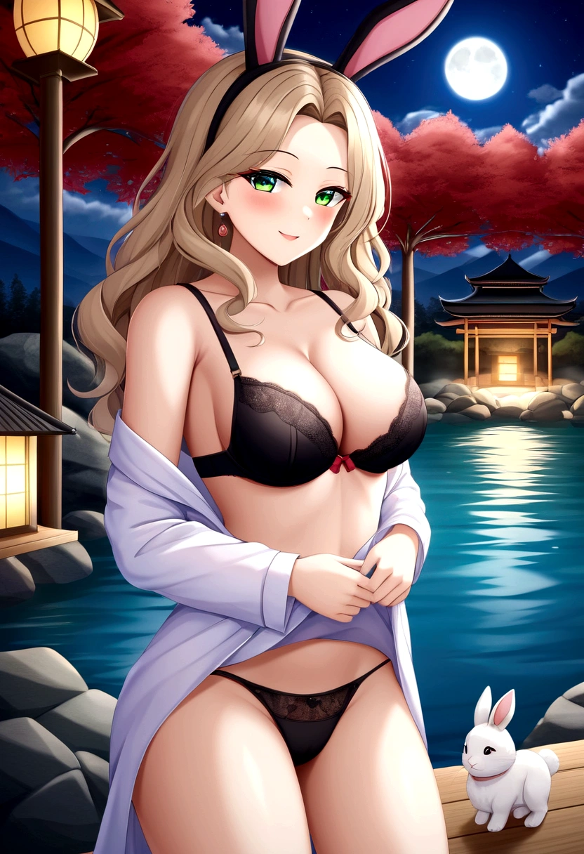 ((masterpiece)), ((best quality)), (ultra-detailed), ((extremely detailed)), 4K, (8K), best quality, (beautiful), a pretty woman, solo, (dark skin:0.8) ,beautiful light brown hair, light brown skin, beautiful green eyes, ((beautiful eyes)), triumphant look, smug look, self-satisfied look ,Masterpiece、White dress、Highest quality、Bunny ears、Tanned woman with big 、light brown hair color, forehead  Long curlyWavy Hair、White shirt、Black Bra、Black panties、Hot spring inn、a bright moon shines over beautiful scenery of garden and river in night time, moon, architecture, tree, east asian architecture, full moon, scenery, night, cloud, sky、Lots of rabbits 