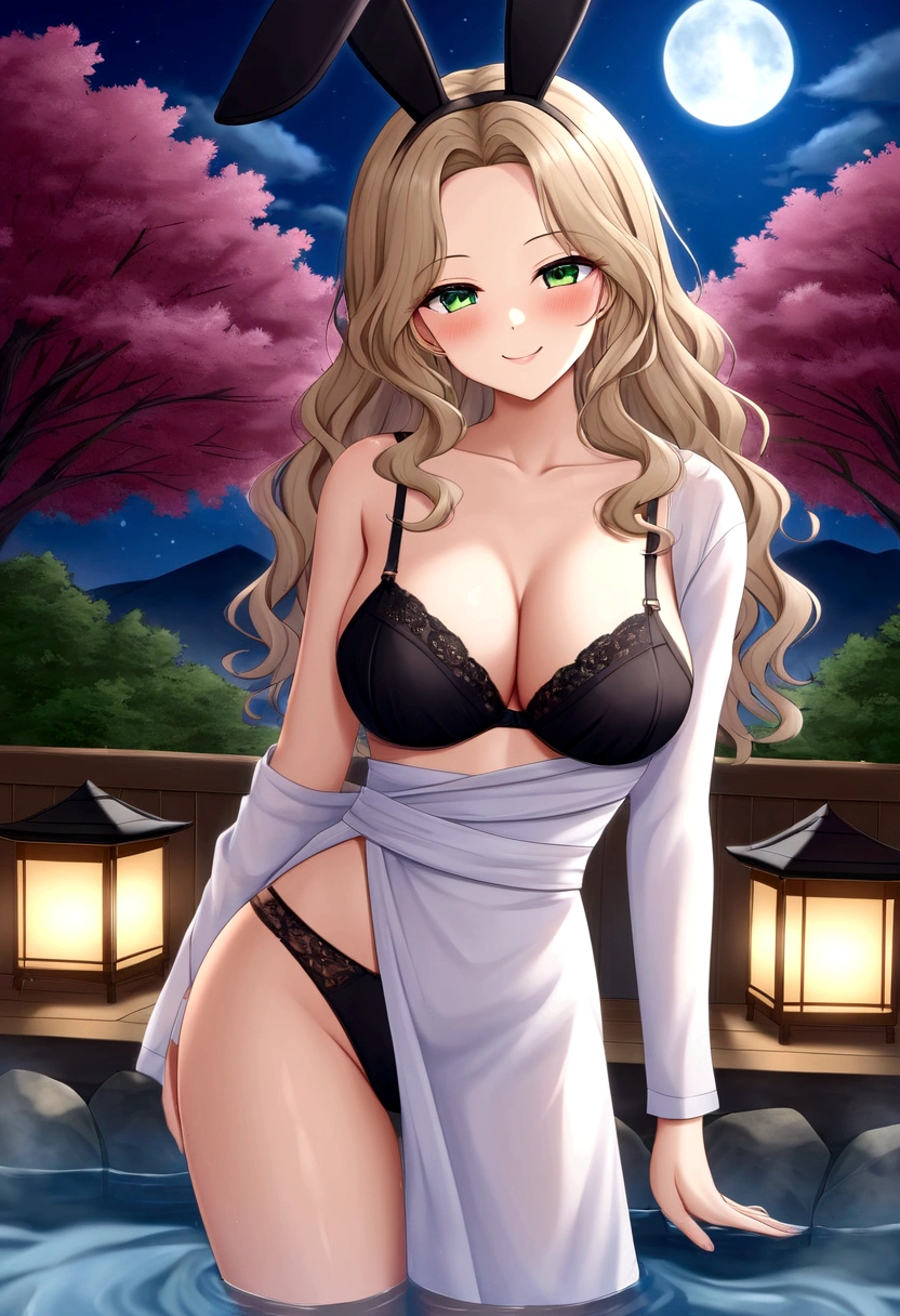 ((masterpiece)), ((best quality)), (ultra-detailed), ((extremely detailed)), 4K, (8K), best quality, (beautiful), a pretty woman, solo, (dark skin:0.8) ,beautiful light brown hair, light brown skin, beautiful green eyes, ((beautiful eyes)), triumphant look, smug look, self-satisfied look ,Masterpiece、White dress、Highest quality、Bunny ears、Tanned woman with big 、light brown hair color, forehead Long curlyWavy Hair、White shirt、Black Bra、Black panties、Hot spring inn、a bright moon shines over beautiful scenery of garden and river in night time, moon, architecture, tree, east asian architecture, full moon, scenery, night, cloud, sky、Lots of rabbits