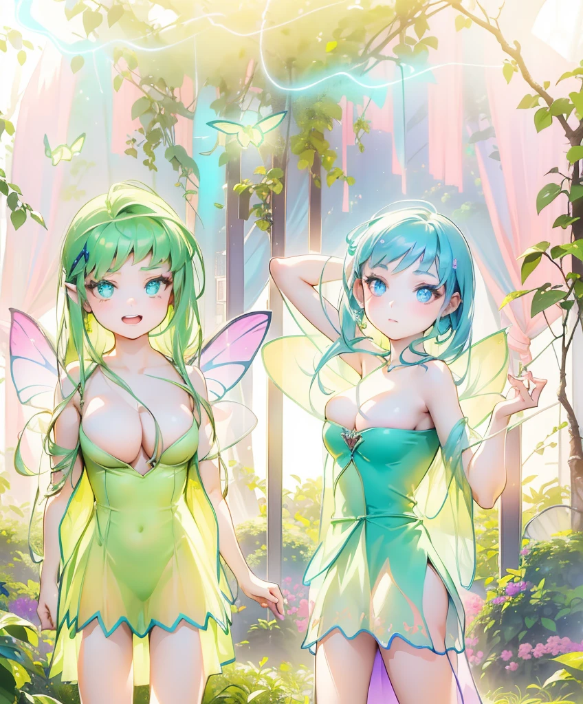 ((2 faeries girls, gorgeous, large firm push up breasts, faeries bra and dresses, neckline, 20 years old)), in bioluminescent forest plants,fabulous night forest,magical radiance,Concept art,depth of field,Raw photo,realistic,cinematic lighting,soft shadows,sharp focus,fractal,colorful,depth of field,best quality,16k resolution,vivid colors,volumetric lighting, little lake with luminescent effects, little faeries girl, (((the most beautiful cute girl faces in the world)))