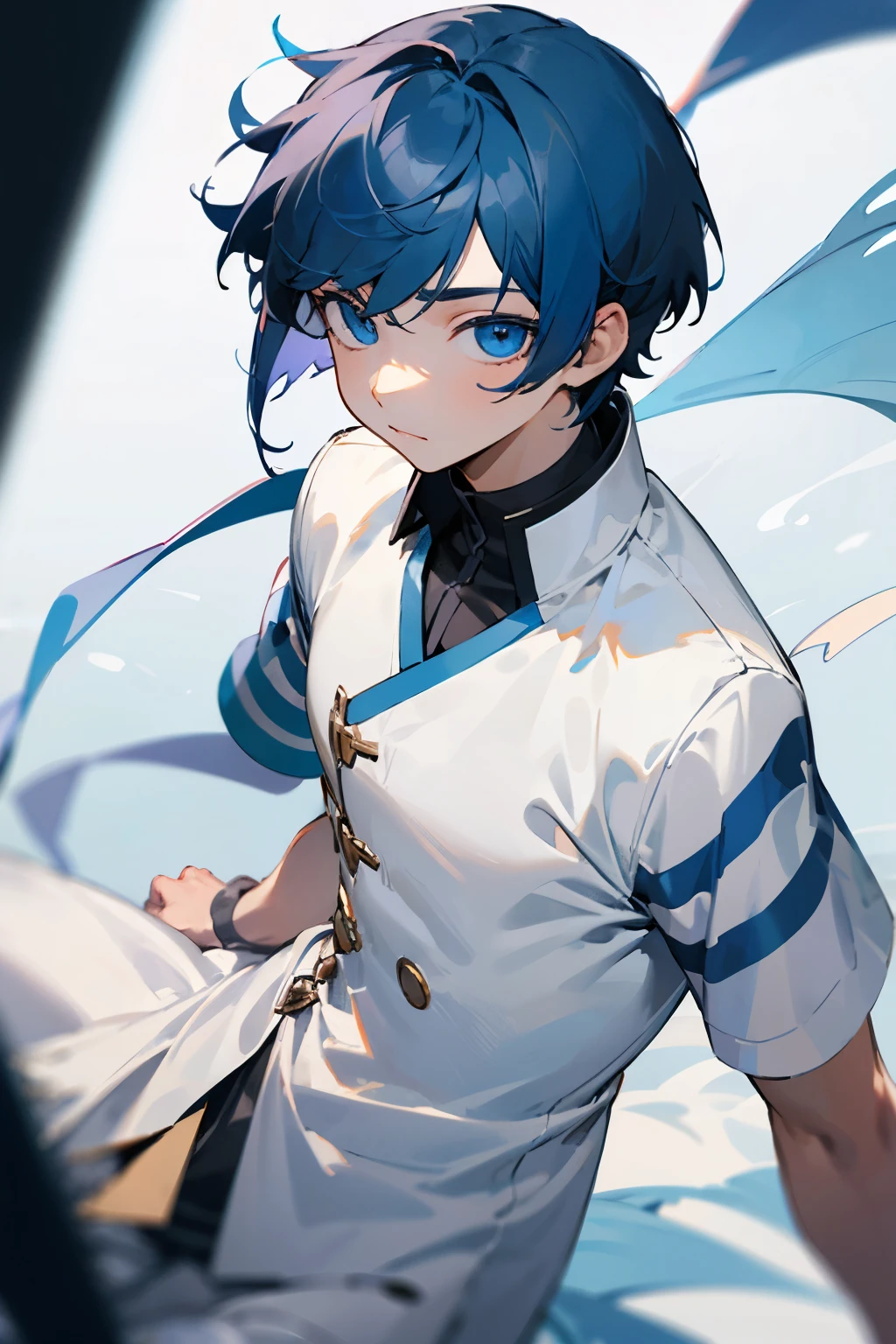Young boy with Fair skin and blue eyes, short Blue hair with pruple stripes. White clothes