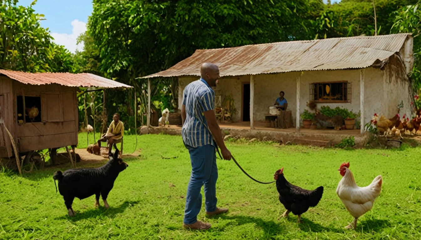 create an image for a video cover, like an advertisement for a film in the cinema, rural house, black man in front, backyard with dog, chickens, pigs, donkey, the title must be inserted: Hilary Adventures of Zeca do Boi, Guaranteed Laughter in the Country