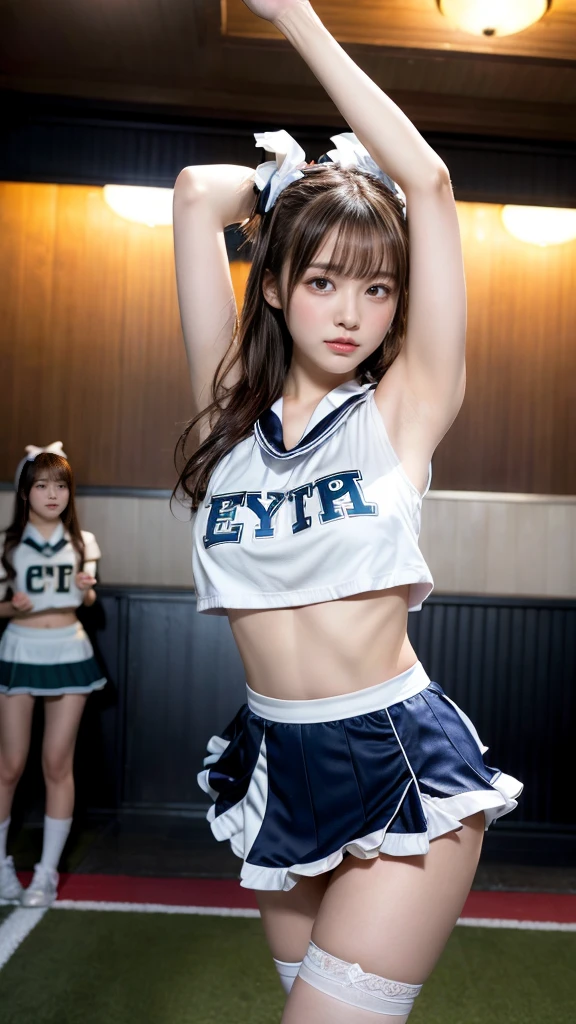 masterpiece, best quality, illustration, Super detailed, fine details, High resolution, 8K,wall paper, perfect dynamic composition,(Details High quality, realistic depiction of eyes:1.3), hotel room, (cheer girl:1.5),(a miniskirt), to stand、large breasts,short bob hair, black hair color, Big Natural Color Lip, bold sexy pose, crying a little、Harajuku style、20 year old girl、cute type、ta、beautiful legs, hposing Gravure Idol