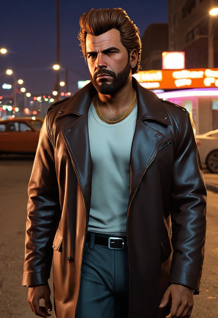 (estilo GTA:1.5),Noite da cidade, No telhado,Brave and lonely 35 year old young man with messy brown pomp hair, com barba castanho bonita