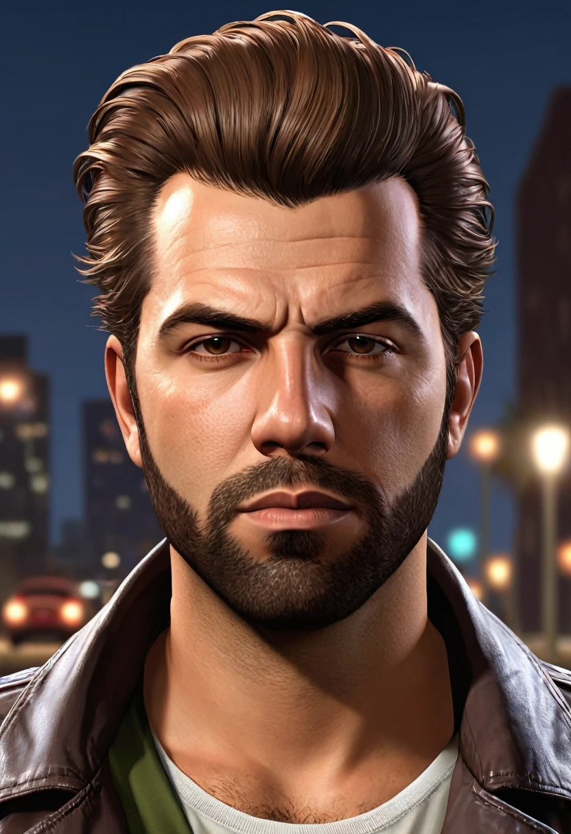 (estilo GTA:1.5),Noite da cidade, No telhado,Brave and lonely 35 year old young man with messy brown pomp hair, com barba castanho bonita