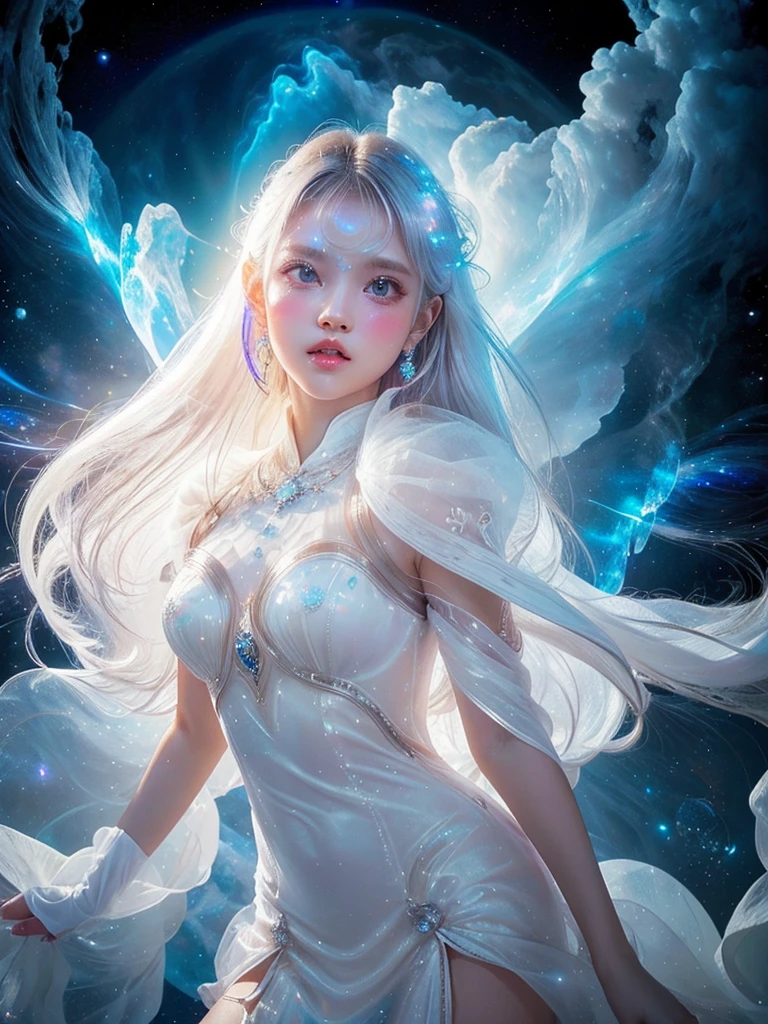 4K Ultra HD, masterpiece, A girl with a magical aura, Nice face, Long Hair, Shiny Hair, Fine grain, Glossy lips, Nude 1.5, Aura around the body, Magical Effects, Spreading white light, Cosmic elements and ethereal atmosphere, A mix of bright lights and colorful nebulae, Space Background,, Full Body Capture.(((Whitening 1.5)))、Silver Hair、(((Wearing white cloth 1.5)))、Hair and fabric fluttering in the wind、、Full Body Shot、Open your mouth、(((1.5)))、