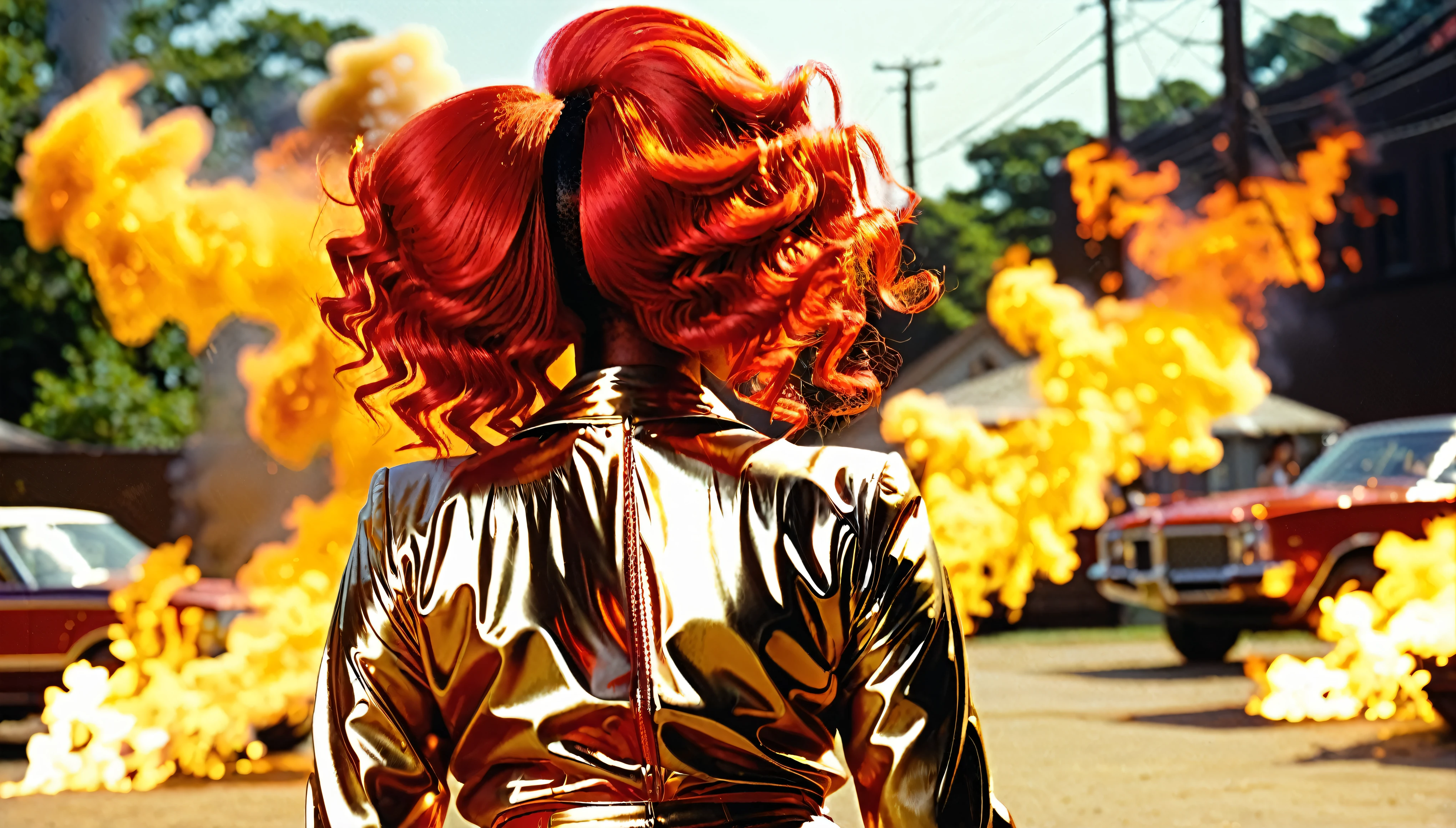 1970s photo of African-American female rapper "Sexyy Red" wearing 1970s attire, she has fire red hair, from behind, wide shot,