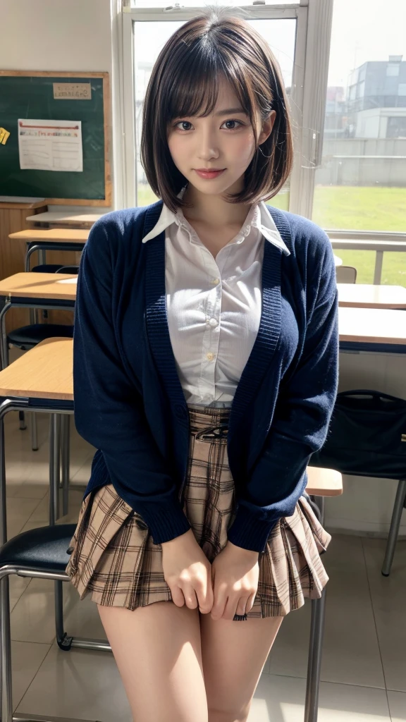 masterpiece, best quality, illustration, Super detailed, fine details, High resolution, 8K,wall paper, perfect dynamic composition,(Details High quality, realistic depiction of eyes:1.3), High School Classroom、High school girl uniform、Cardigan、Super Short Check Uniform Skirt、Navy blue high socks、garterbelts、Colossal tits、Disturbed uniform、short bob hair, black hair color, Big Natural Color Lip, bold sexy pose, (perfect body shape), crying a little、Harajuku style、20 year old girl、cute type, beautiful legs, hposing Gravure Idol, Voluptuous thighs