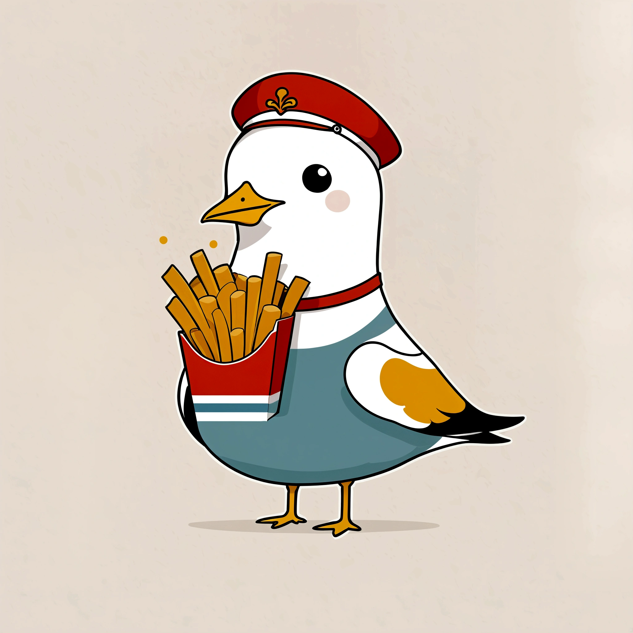 Fixes,cute illustration,sailor style seagull,The seagull is holding french fries in its mouth,This design is used for Scandinavian goods, T-shirts, etc.,(Influenced by Lisa Laurent),Illustrations drawn by picture book authors,(minimalist),(simple and cute),seagull,sailor's hat,french fries,anatomically correct,best composition,Eye-friendly color balance,nordic style,This is an illustration popular with women and children.,cute,fancy,Please draw carefully,kind,perfect anatomy