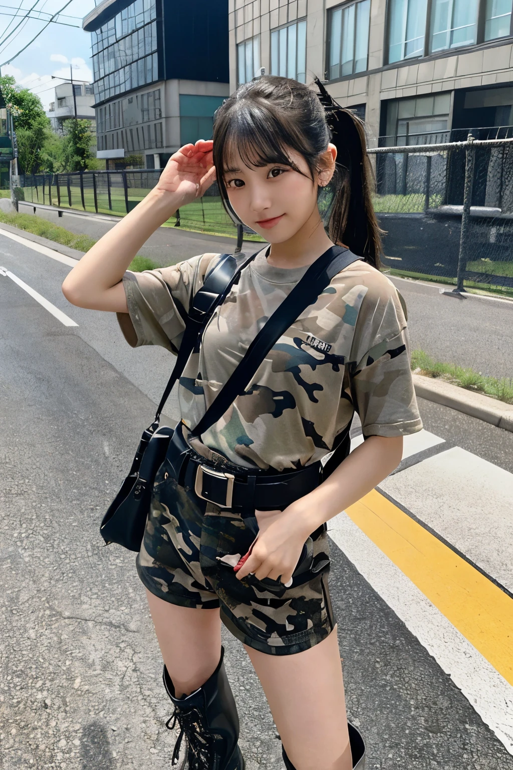 One girl、black hair、ponytail(High position)、Black headphones、Camouflage、belt(black)、Holding a rifle、Turn face to the side、Shorts(gray)、Laced boots(gray)、Country Road、Electric pole、Are standing、Stand with your feet apart