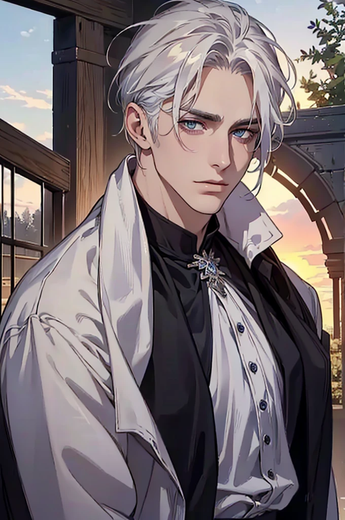 ((masterpiece:1.2, Best quality)), 4k, adult, European face, 1 person, male, mature, masculine, Beautiful, very tall, Muscles, broad shoulders, dark casual wear, White skin, medium white hair, Blue eyes, portrait, sunset, old house with apple trees. 
