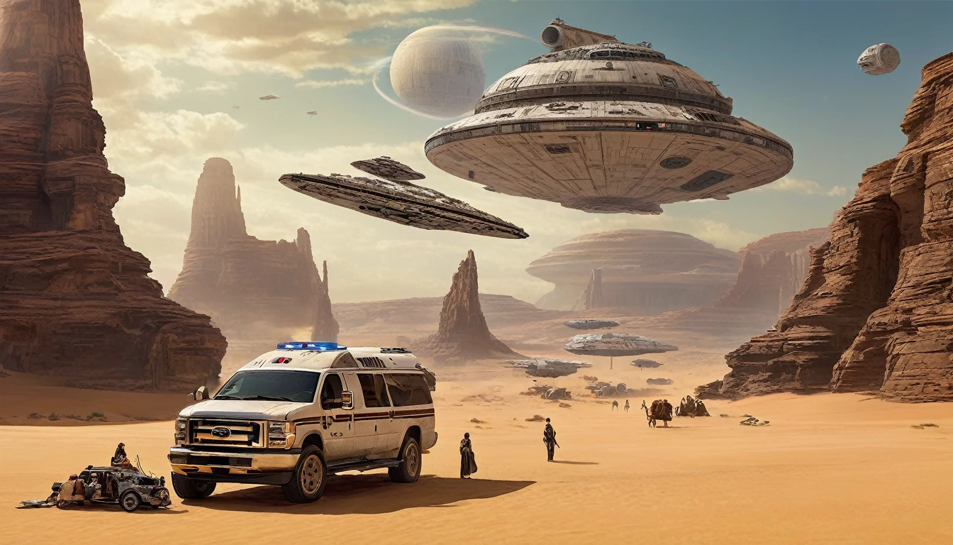 “In a desert landscape beneath a vast sky, towering rock formations rise. The iconic Star Wars Millennium Falcon flies overhead. In the foreground, a large, futuristic bus-like vehicle is parked on the sandy terrain. Saturn-like rings adorn the sky, adding a surreal touch. Include the ‘Star Wars’