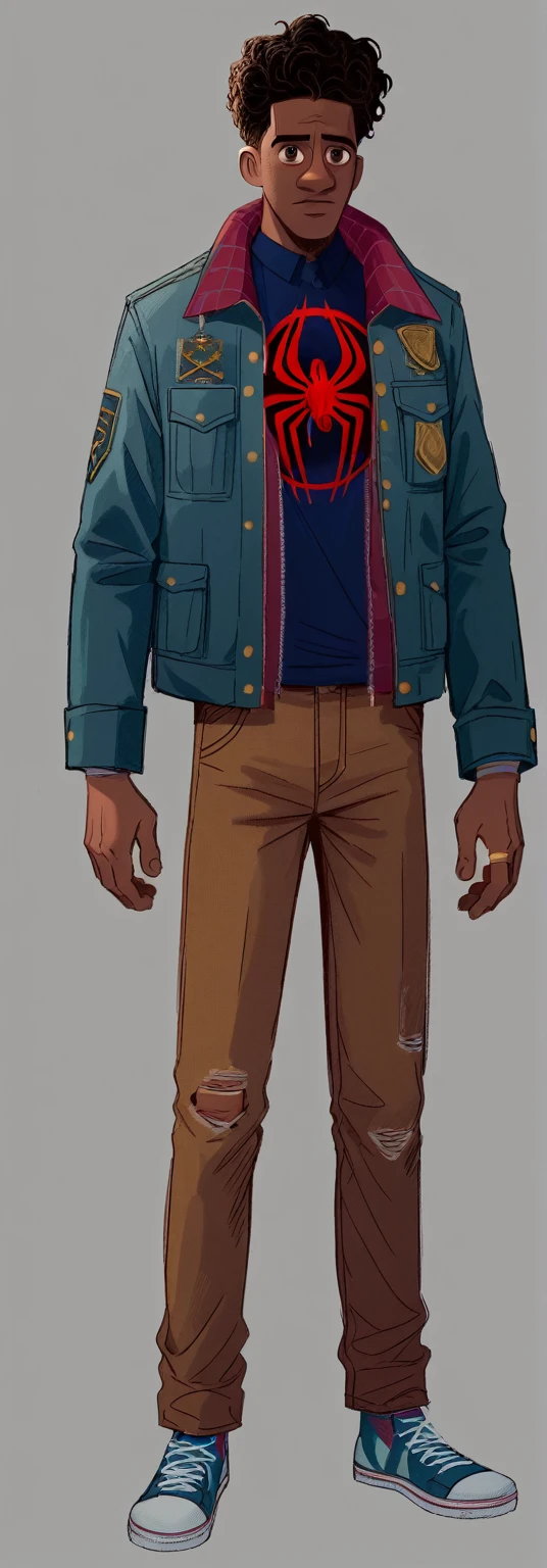 score_9, score_8_up, score_7_up, zPDXL, svstyle, concept art hand-drawing Spider-Man: Into the Spider-Verse one African-American boy with Ayoade’s short curly hair, brown pants High Frame Rate: comic book animation style, creating a smoother and more fluid look, abstract expressionism, storybook illustrations.
2D and 3D Fusion: brown jeans seamlessly blends 2D and 3D animation. Characters and environments are primarily 3D models, but they are textured and rendered to have a 2D comic book appearance. 
bomber jacket and  tall, brown jeans, resemblance to Richard aylade Jamaican flag on jacket sleeve 