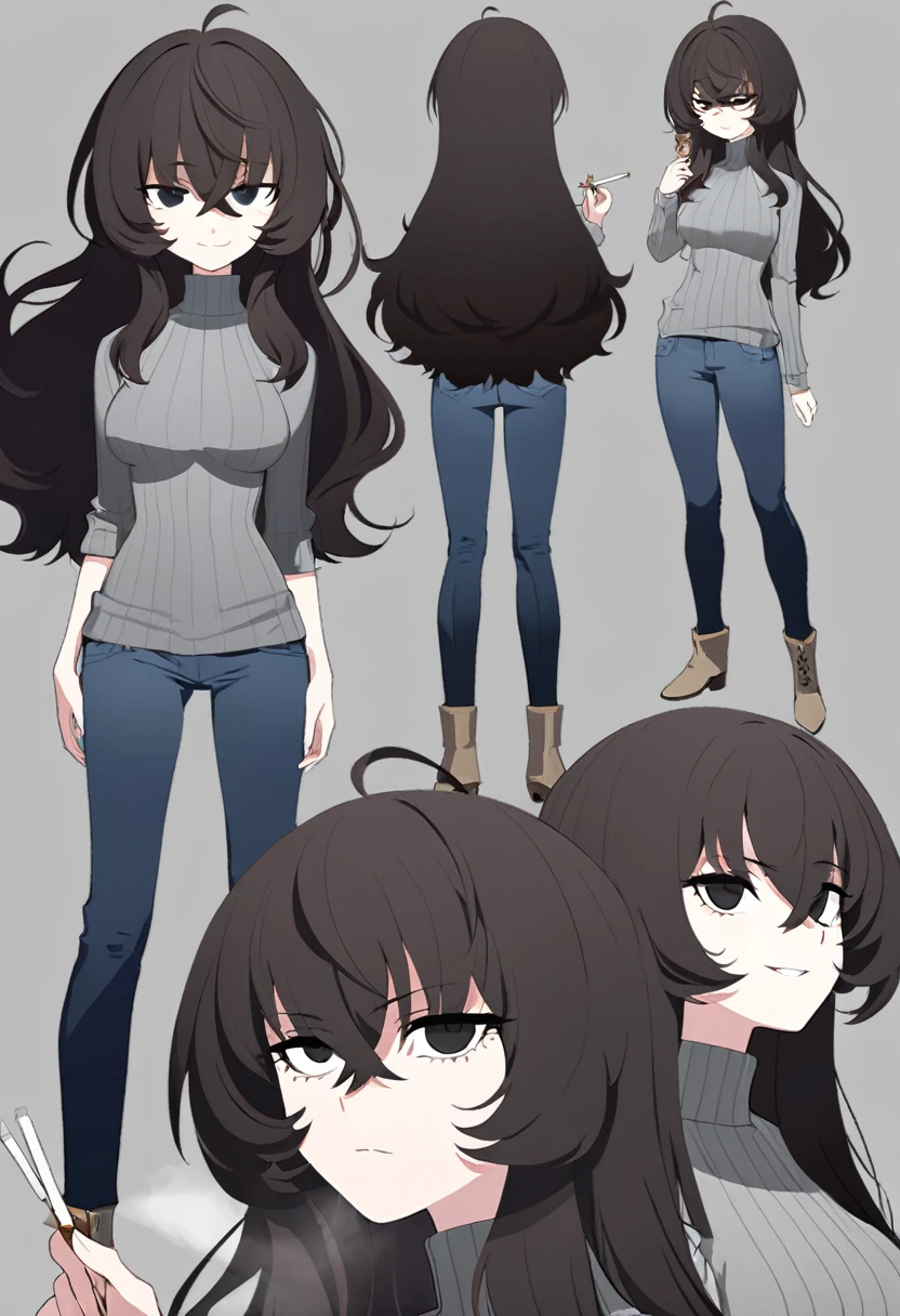 One Woman,Downer,older sister,Concept Art,Dark brown hair,Straight hair with slight inward curls,Staring eyes,Eye Ridge,black eye,Crossed bangs,whole body,smile,Slightly larger breasts,Gray background,Bangs that reach down to the eyes,Messy hair,Tight dark jeans,Gray turtleneck sweater,Multiple views of the same character,Character Design,Dark circles under the eyes,Bad look,Listless,Sloppy,Silver Jewelry,Cafe staff,Holding a cigarette,whole bodyCharacter Design,Detailed hands,Height: 170cm,boots,