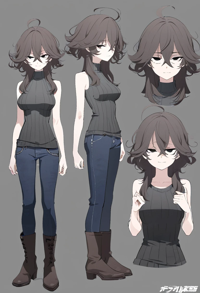 One Woman,Downer,older sister,Concept Art,Dark brown hair,Straight hair with slight inward curls,Staring eyes,Eye Ridge,black eye,Crossed bangs,whole body,smile,Slightly larger breasts,Gray background,Bangs that reach down to the eyes,Messy hair,Tight dark jeans,Gray turtleneck sweater,Multiple views of the same character,Character Design,Dark circles under the eyes,Bad look,Listless,Sloppy,Silver Jewelry,Cafe staff,Holding a cigarette,whole bodyCharacter Design,Detailed hands,Height: 170cm,boots,