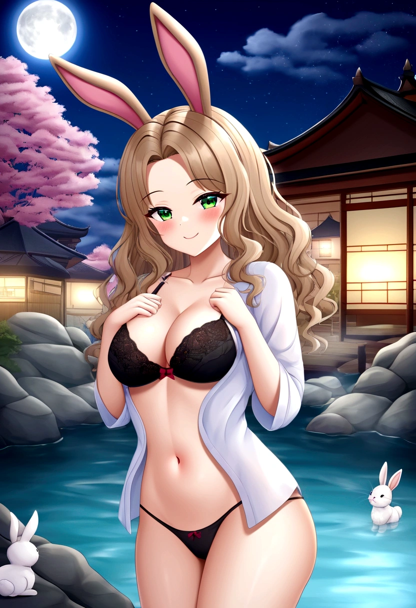 ((masterpiece)), ((best quality)), (ultra-detailed), ((extremely detailed)), 4K, (8K), best quality, (beautiful), a pretty woman, solo, (dark skin:0.8) ,beautiful light brown hair, light brown skin, beautiful green eyes, ((beautiful eyes)), triumphant look, smug look, self-satisfied look ,Masterpiece、White dress、Highest quality、brown Bunny ears、Tanned woman with big 、light brown hair color, forehead  Long curlyWavy Hair、White shirt、Black Bra、Black panties、Hot spring inn、a bright moon shines over beautiful scenery of garden and river in night time, moon, architecture, tree, east asian architecture, full moon, scenery, night, cloud, sky、Lots of rabbits 
