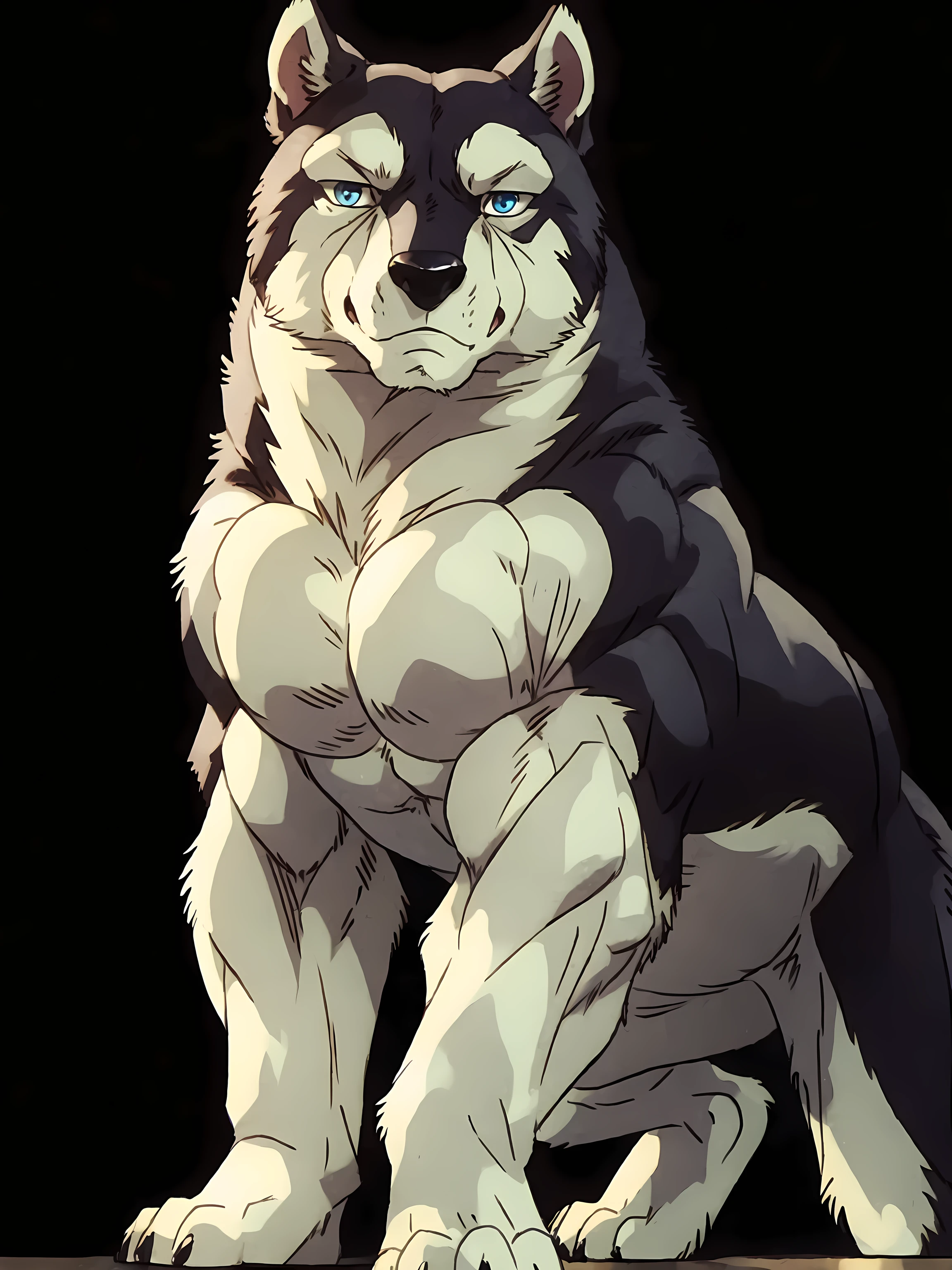 kisaragi (ginga), male, masculine, anthro body, half body, (muscular arms, muscular neck, muscular shoulders, muscular):1.5, bright highlights, (black background, no background):1.5, heavyweight, paws, detailed, high quality, best resolution, solo, posing, standing, by wfa, by taran fiddler, by echin:0.5, cel shaded, proud, majestic, detailed eyes, blue eyes, stern face, looking at viewer