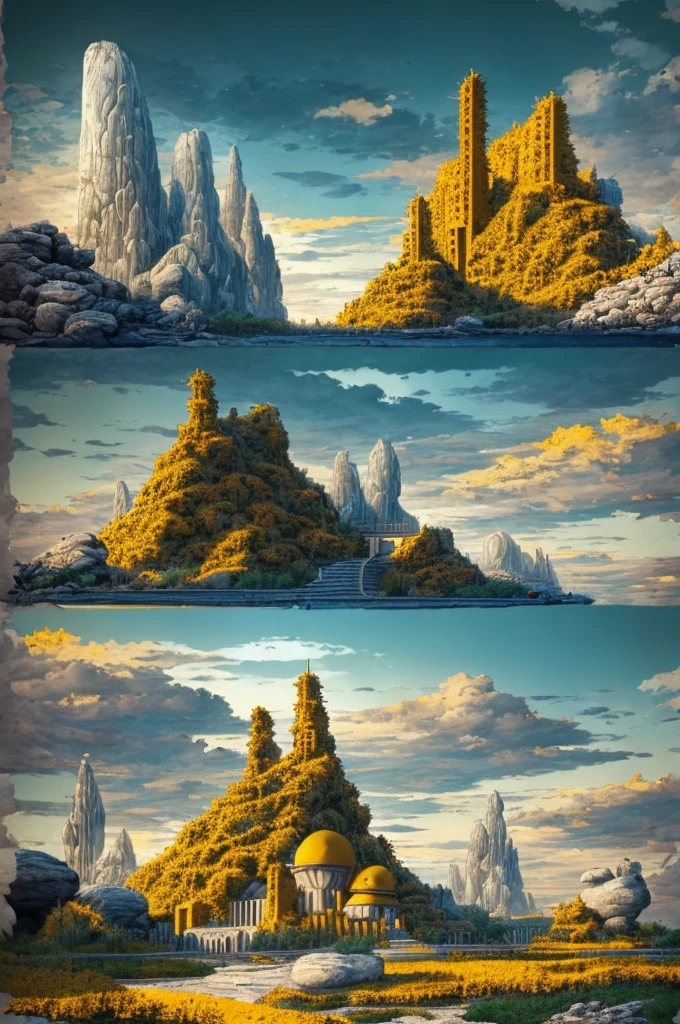 Illustration, a garden with abundant cacti, ((various organic sculptures)), ((big rocks)), (((multiple sections))), collage style, detailed, (((color palette (olive green), (Mustard orange), cool grey, ((blue)), black and white))), (((a lot Luis barragán's architecture style builds))) big clouds, volcano in horizon, stairs, in the desert. ((masterpiece, best quality)),illustration,ultra detailed 8k, ((Ori Toor visual style)),soviet, megabuildings, megastructures, buildings, sculpture,landscape,clouds
