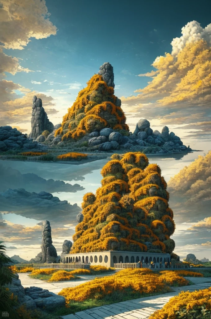 Illustration, a garden with abundant cacti, ((various organic sculptures)), ((big rocks)), (((multiple sections))), collage style, detailed, (((color palette (olive green), (Mustard orange), cool grey, ((blue)), black and white))), (((a lot Luis barragán's architecture style builds))) big clouds, volcano in horizon, stairs, in the desert. ((masterpiece, best quality)),illustration,ultra detailed 8k, ((Ori Toor visual style)),soviet, megabuildings, megastructures, buildings, sculpture,landscape,clouds