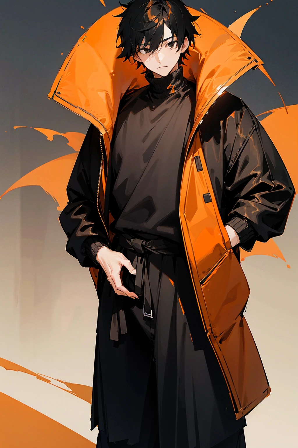 1male, short hair, black hair, orange hair, two tone hair, oumbre hair, black eyes, orange and black gradient baggy sweater, black pants, city background, detailed background, standing on path, hands to side, expressionless