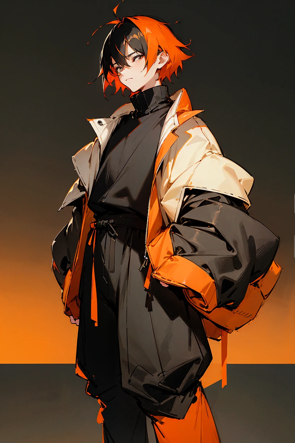 1male, short hair, black hair, orange hair, two tone hair, oumbre hair, black eyes, orange and black gradient baggy sweater, black pants, city background, detailed background, standing on path, hands to side, expressionless