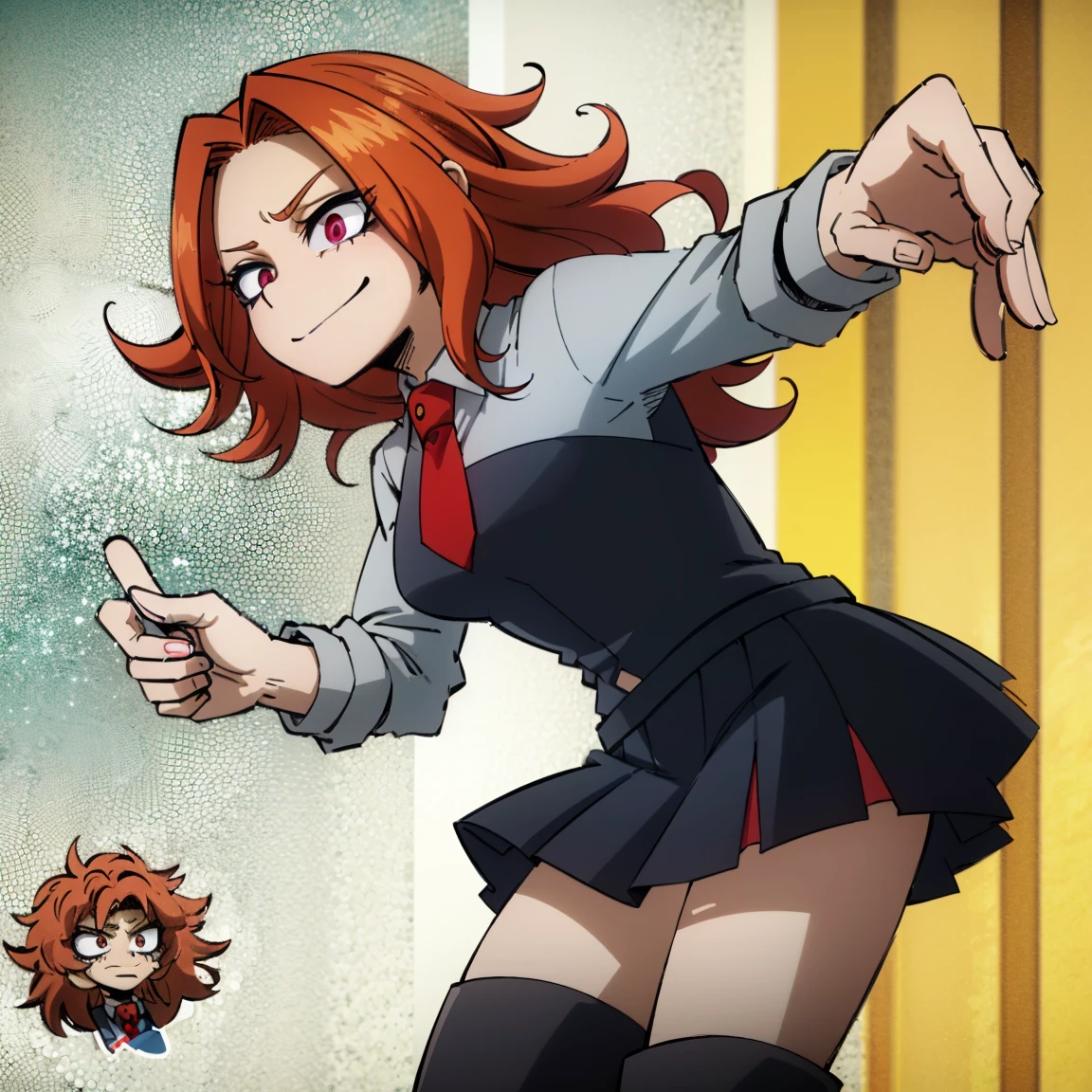 1girl, female focus, adagio dazzle, boku no hero academia, masterpiece, best quality, very aesthetic, absurdres, curly hair, orange hair, magenta eyes, smirk, gray jacket, red tie, white shirt, teal skirt, gray tights, boots 