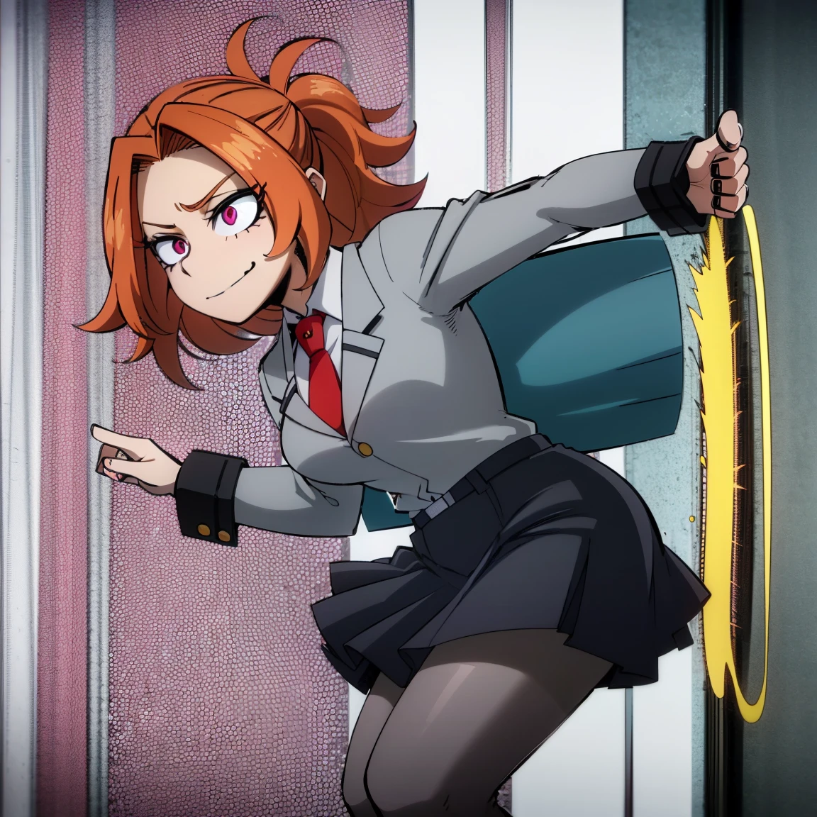 1girl, female focus, adagio dazzle, boku no hero academia, masterpiece, best quality, very aesthetic, absurdres, curly hair, orange hair, magenta eyes, smirk, gray jacket, red tie, white shirt, teal skirt, gray tights, boots 