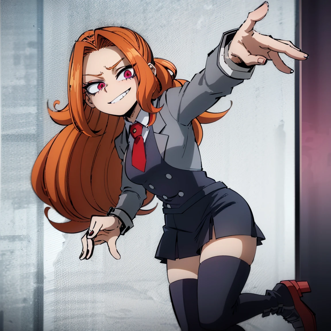 1girl, female focus, adagio dazzle, boku no hero academia, masterpiece, best quality, very aesthetic, absurdres, curly hair, orange hair, magenta eyes, smirk, gray jacket, red tie, white shirt, teal skirt, gray tights, boots 