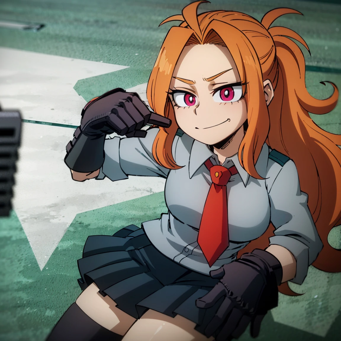 1girl, female focus, adagio dazzle, boku no hero academia, masterpiece, best quality, very aesthetic, absurdres, curly hair, orange hair, magenta eyes, smirk, gray jacket, red tie, white shirt, teal skirt, gray tights, boots 