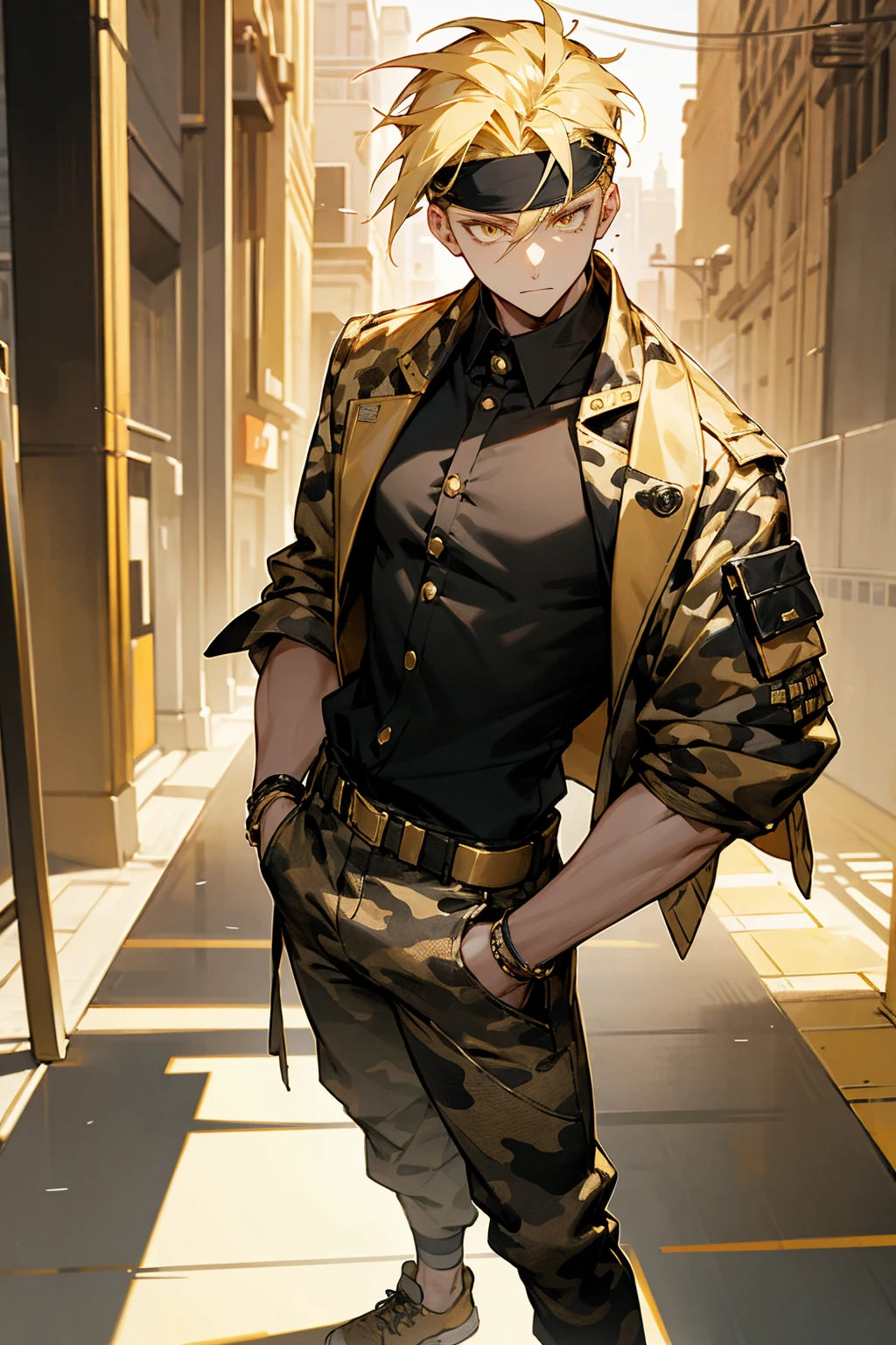 1male, blonde hair, black design headband, expressionless, undercut hair, golden eyes, sleeveless jacket with gold accents, black shirt, baggy white camouflage pants, city background, detailed background, hands to side, standing on path